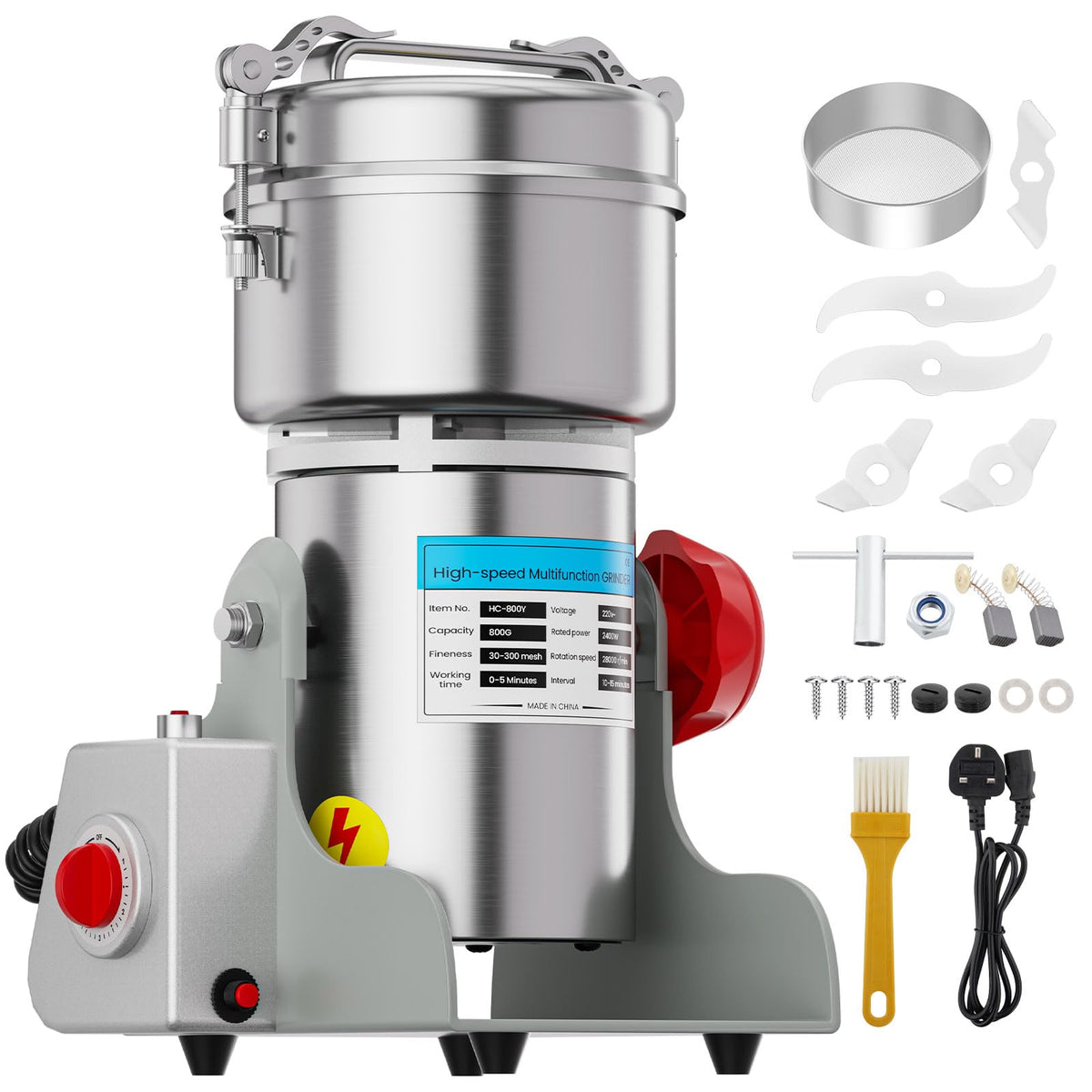 VELPAX 800g Electric Grain Grinder,Spice Grain Mill,Stainless Steel 25000RPM 20S High-Speed Superfine Grinding with Overload Protector,5min Timer