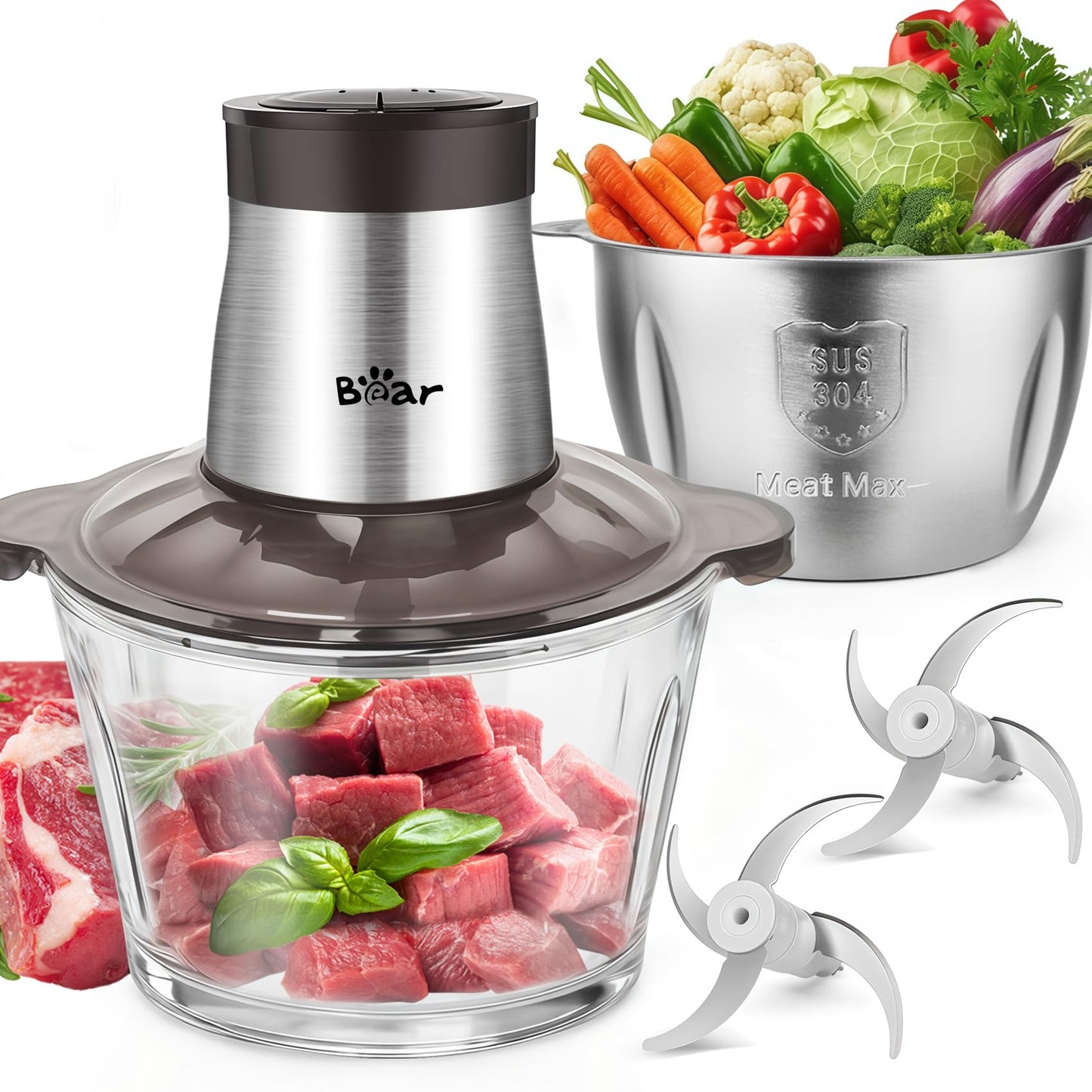 Bear 2L+1.8L 600W Electric Food Processors & Chopper with Glass Container and 304 Stainless Steel Container, 2 Speed Settings, 4 Stainless Steel