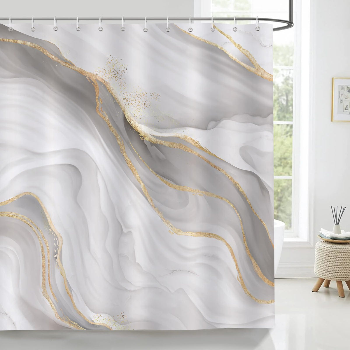 Bonhause Grey Gold Marble Shower Curtain Abstract Modern Luxury Bathroom Curtain 180 x 180 cm Waterproof Mildew & Mould Resistant Polyester Fabric