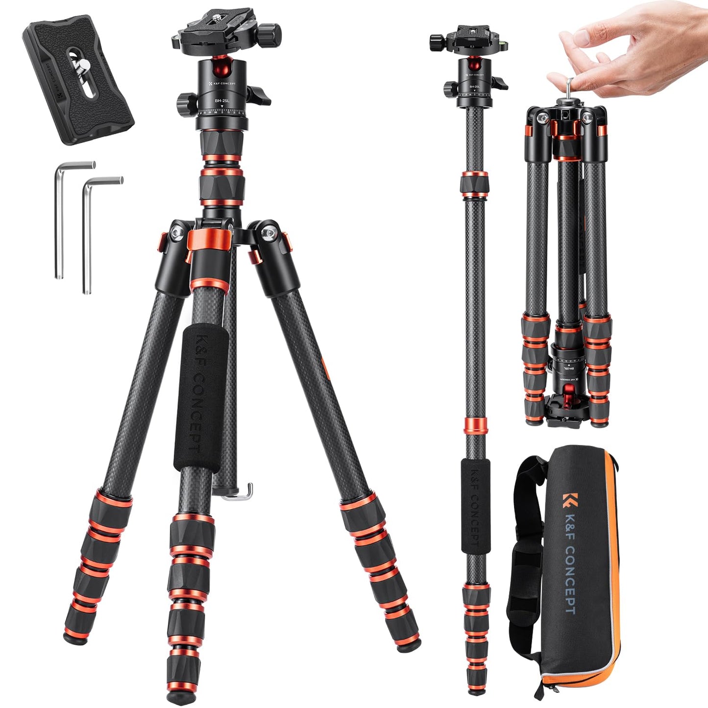 K&F Concept 61" Carbon Fibre Camera Tripod, Lightweight Compact Tripod with 2 Sections Central Column, Low Profile Ball Head and Carry Bag for DSLR