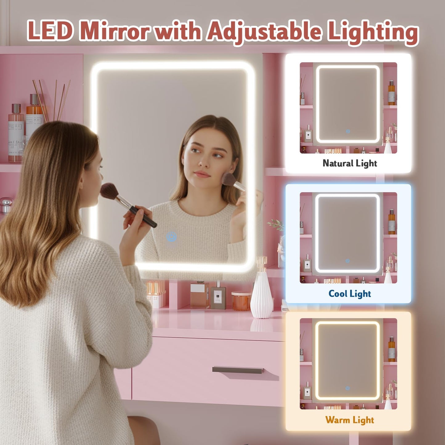 JUMMICO Dressing Table with LED Lighting,Vanity Table with Mirror and Jewelry Hooks,3 Colors Adjustable Brightness,Makeup Desk with 2 Drawers and 4