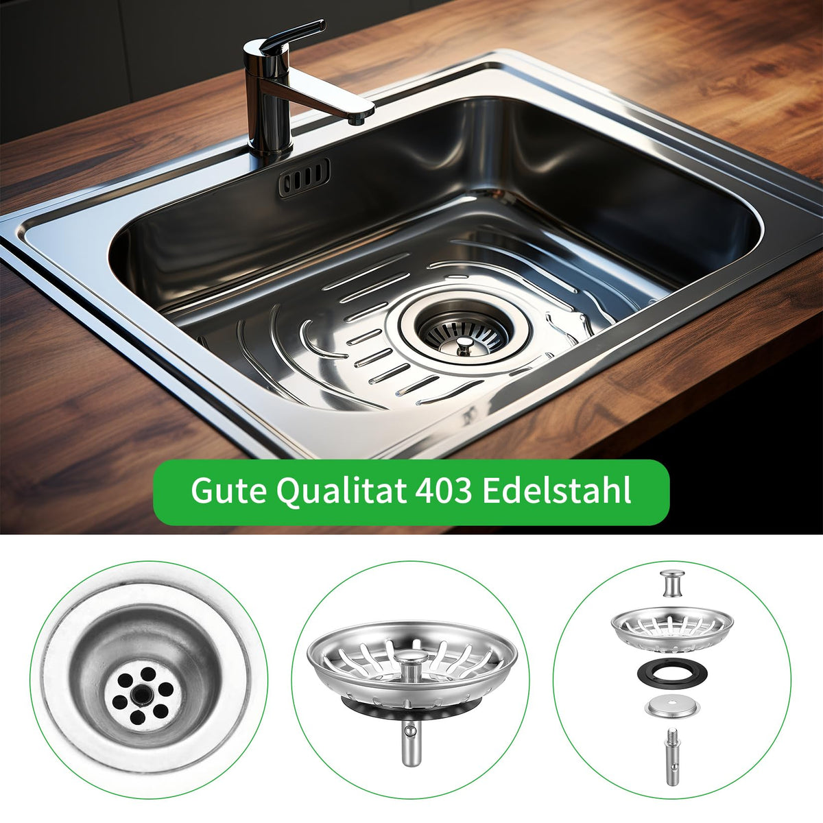 HUAERSICO Stainless Steel Kitchen Sink Plug Replacement, Diameter 84 mm, Kitchen Sink Strainer for Food, Two Spare Seals
