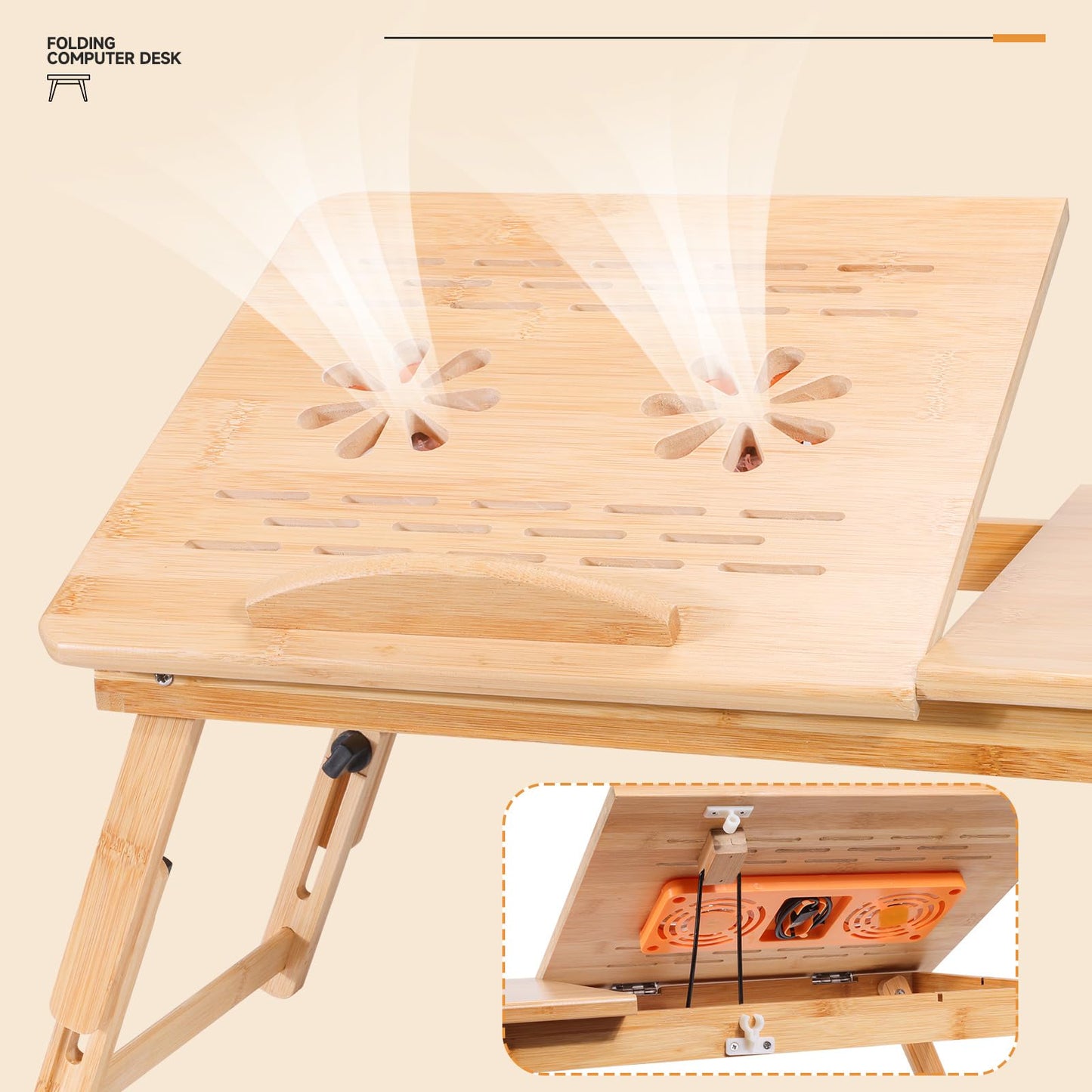 Adjustable Bamboo Laptop Desk with Cooling Fan, Foldable Bed Tray for Breakfast, Writing, and Drawing, with Tilting Top and Drawer