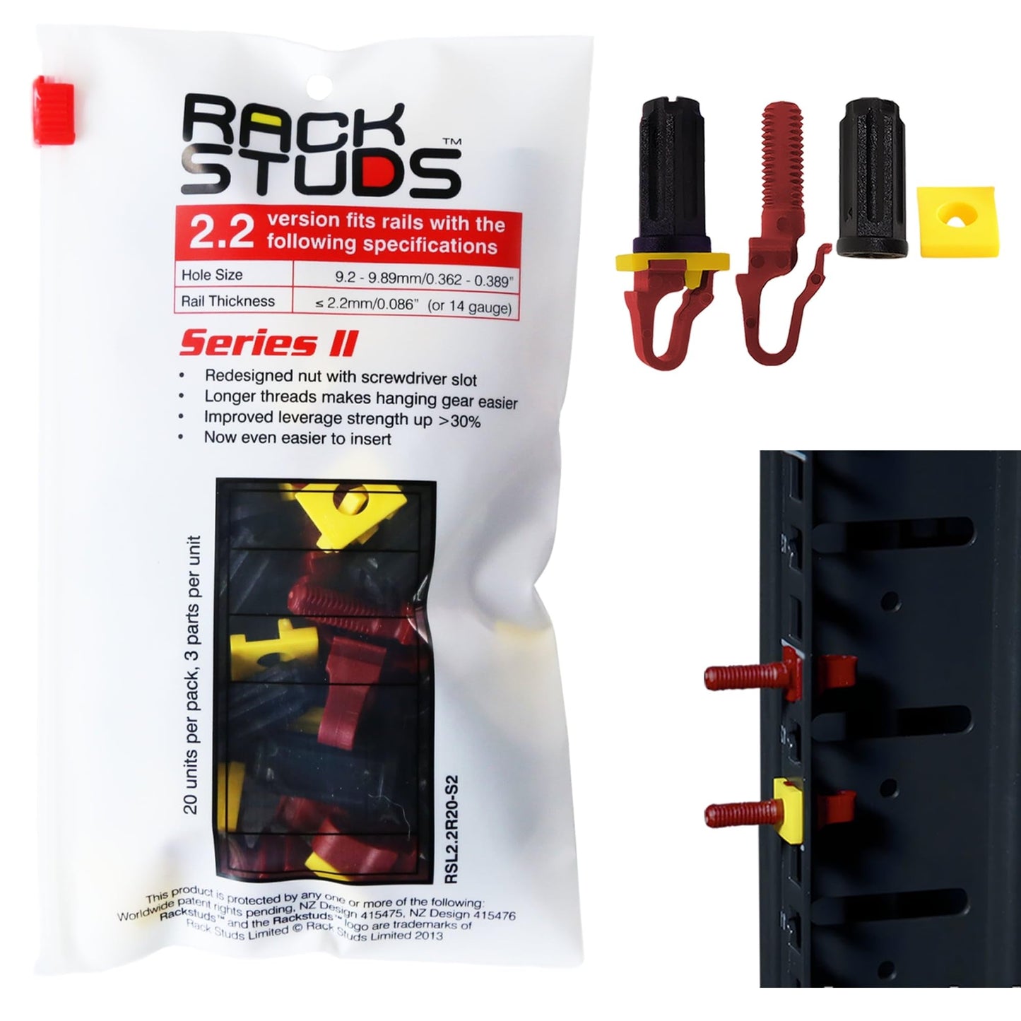 Rackstuds R20 Series II - Server Rack Screws 20 Pack | Cage Nut Replacement | Red 2.22mm/0.086" | A faster, easier solution for rack mounting gear in