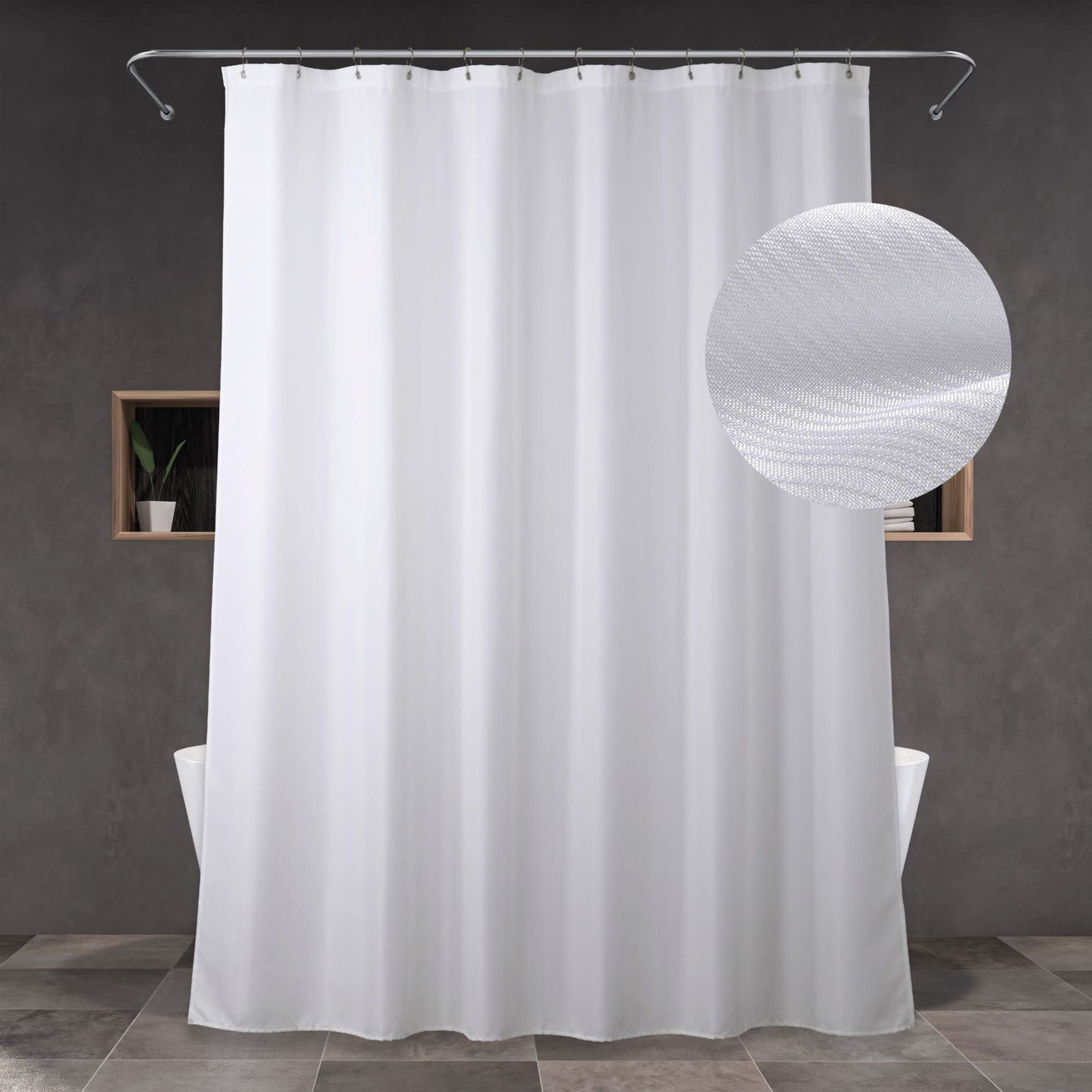 Popkozzi White Fabric Shower Curtain: Linen Textured Water Repellent Washable Light-Weight Polyester Shower Curtains for Bathroom - Solid Simple