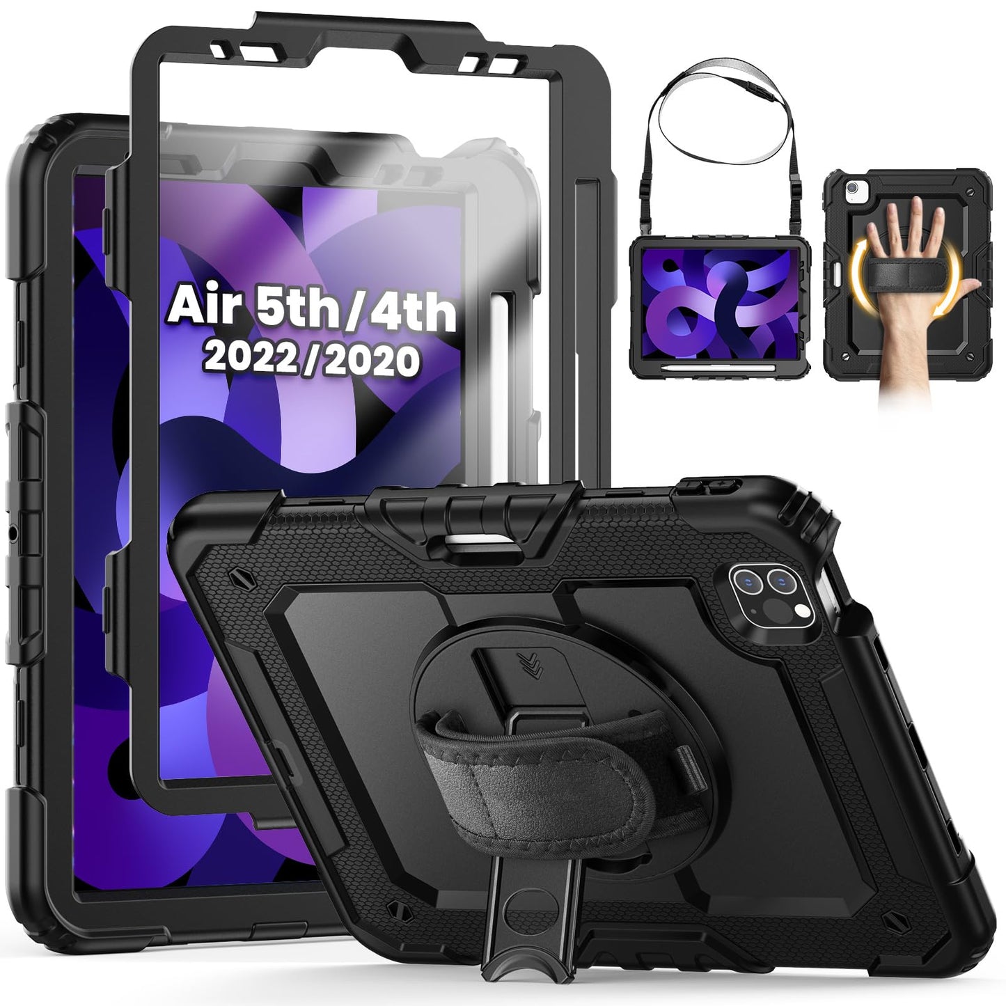 SEYMCY Case for iPad Air 5th/4th Generation 10.9 inch 2022/2020, Full-body Shockproof with Screen Protector, 360? Rotating Stand & Hand Strap,