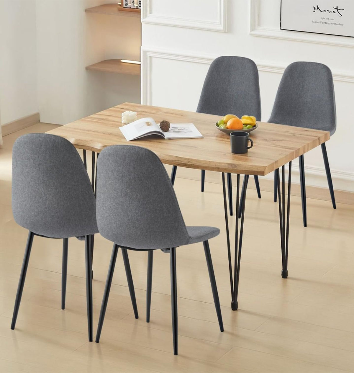 Hallowood Furniture Cullompton Large Dining Table and Chairs Set 4, Live Edge Effect Top Kitchen Table and Chairs Upholstered in Dark Grey Fabric,