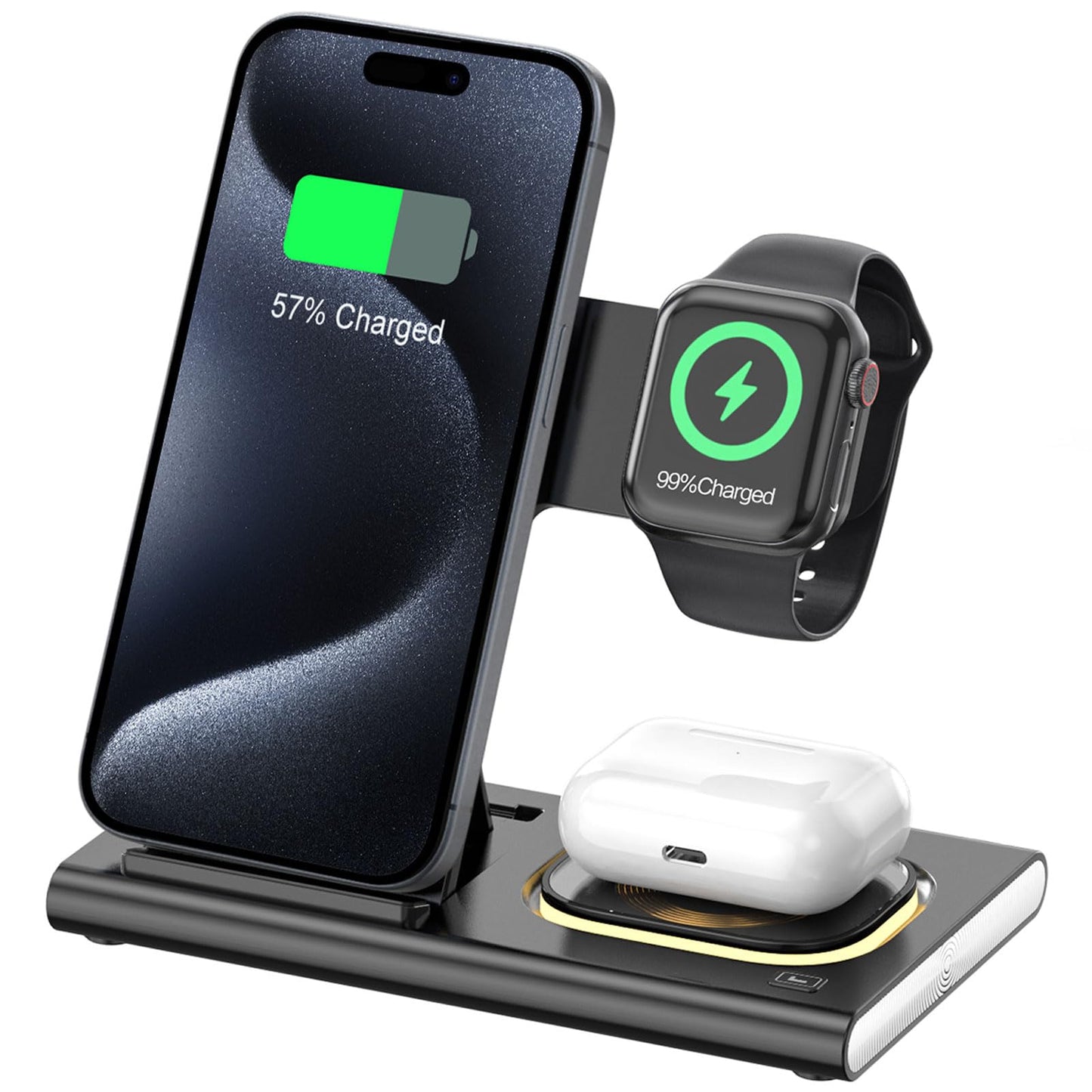 Aimtel 3 in 1 Foldable Charging Station for iPhone17/17Air/16/15/14XS/XR/X/8, Wireless Charger Stand Travel Compatible with Apple Watch Series