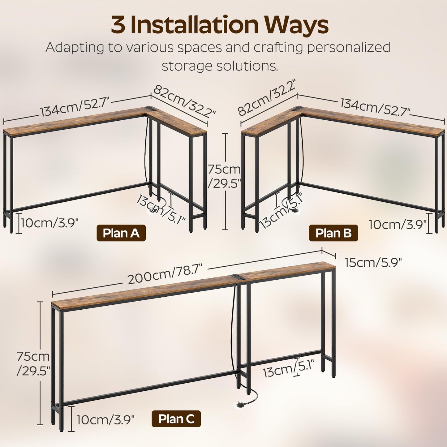 YATINEY Slim Console Table, 200 cm Narrow Sofa Table with Power Outlets, Behind Entryway Table, 3 Assembly Options, for Entryway