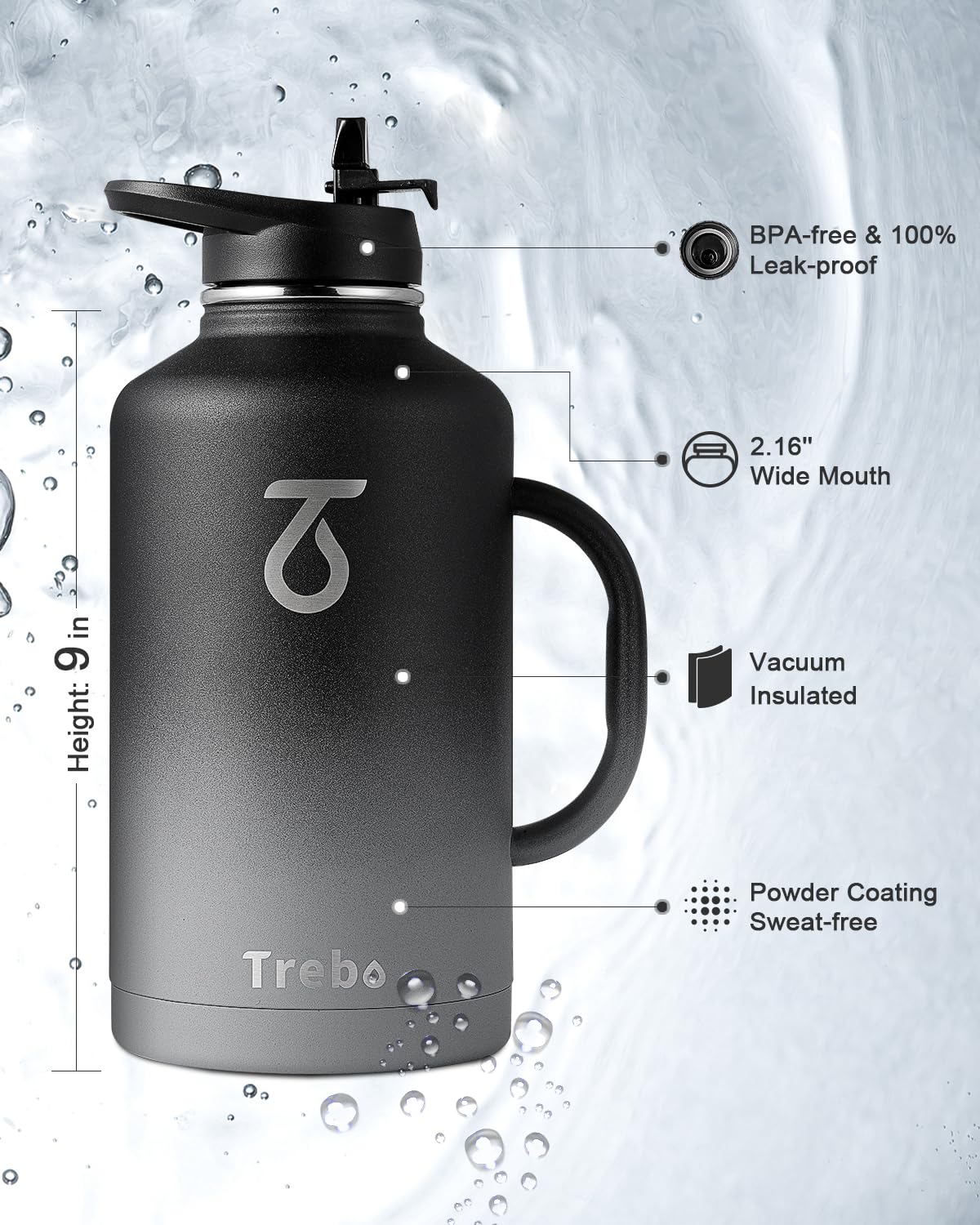 Trebo Insulated Water Bottle 2L, Stainless Steel Water Bottle 2L Metal Bottle with Handle Metal Large Jug Travel Flask with Straw Spout Lid Mug