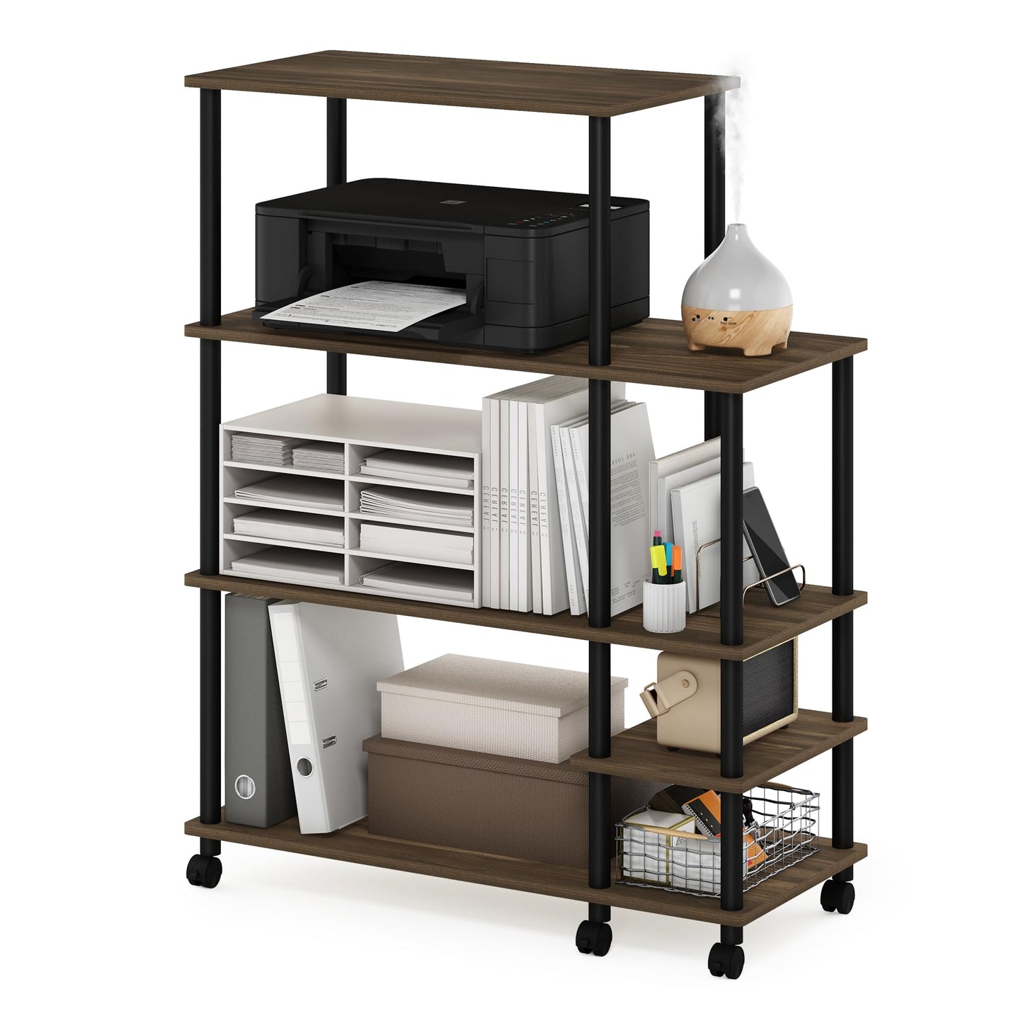 Furinno TURN-N-TUBE Printer Stand, Wide 4-Tier Printer Table with with Storage Shelf and Casters, Open Frame Standing Shelf, for CPU, Office Supplies