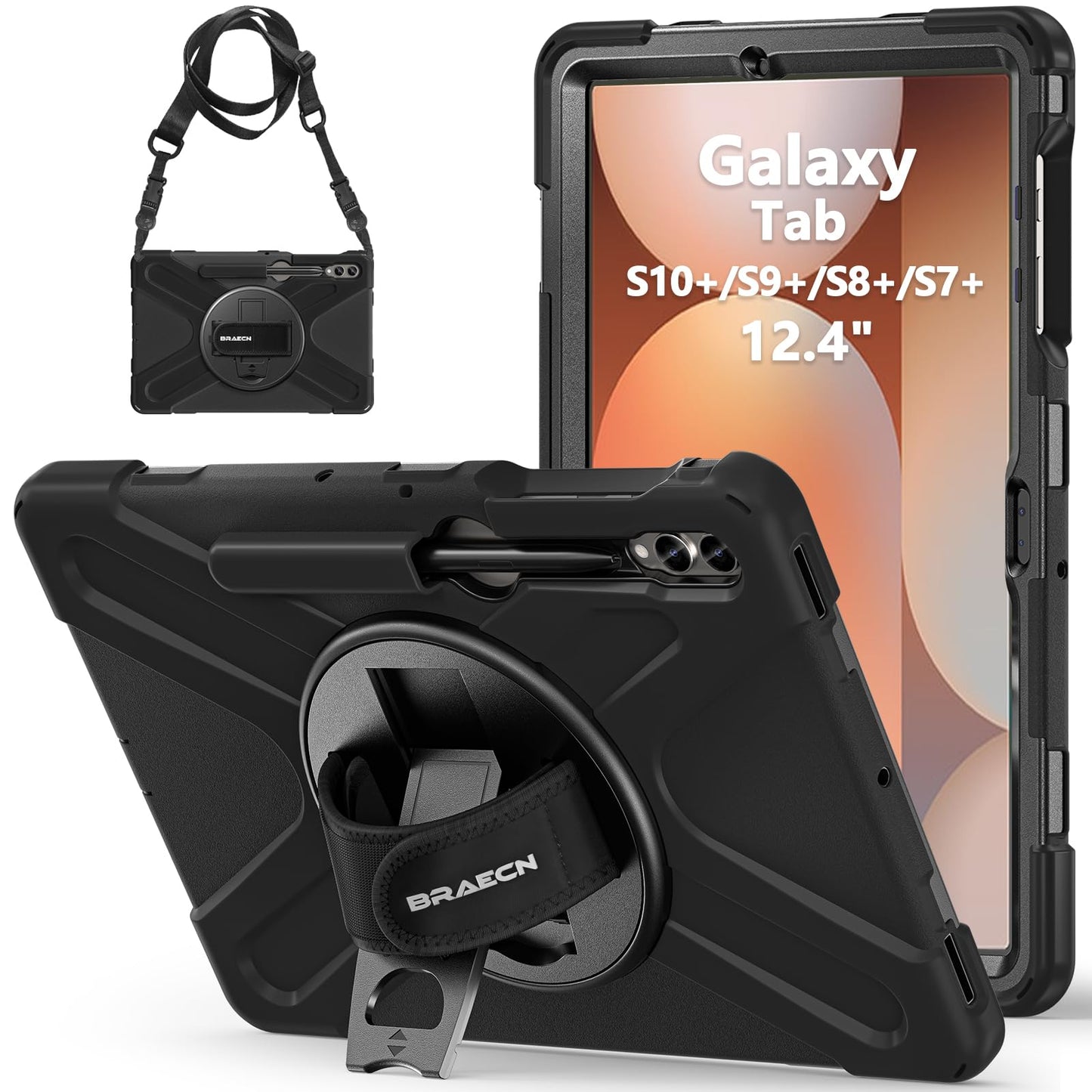 BRAECN Case for Samsung Galaxy Tab S10+/S9 FE+/S9+/S8+/S7 FE/S7+ 12.4 Inch, Heavy Duty Shockproof Sturdy Cover with 360? Rotating Hand Strap &