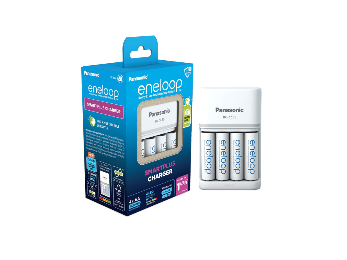 eneloop SmartPlus Charger, for 1-4 AA/AAA Rechargeable Batteries, 1.5h Charging Time, 10 Safety Features, 4 eneloop AA Batteries Included (2000 mAh),