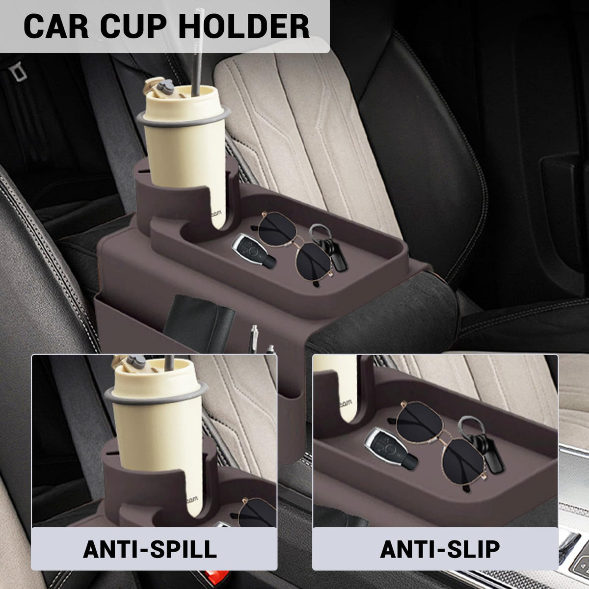 JNCST Sofa Armrest Tray - Silicone Couch Cup Holder with Anti-Slip Base & Multi-Pockets Spill-Proof Sofa Tray for Coffee