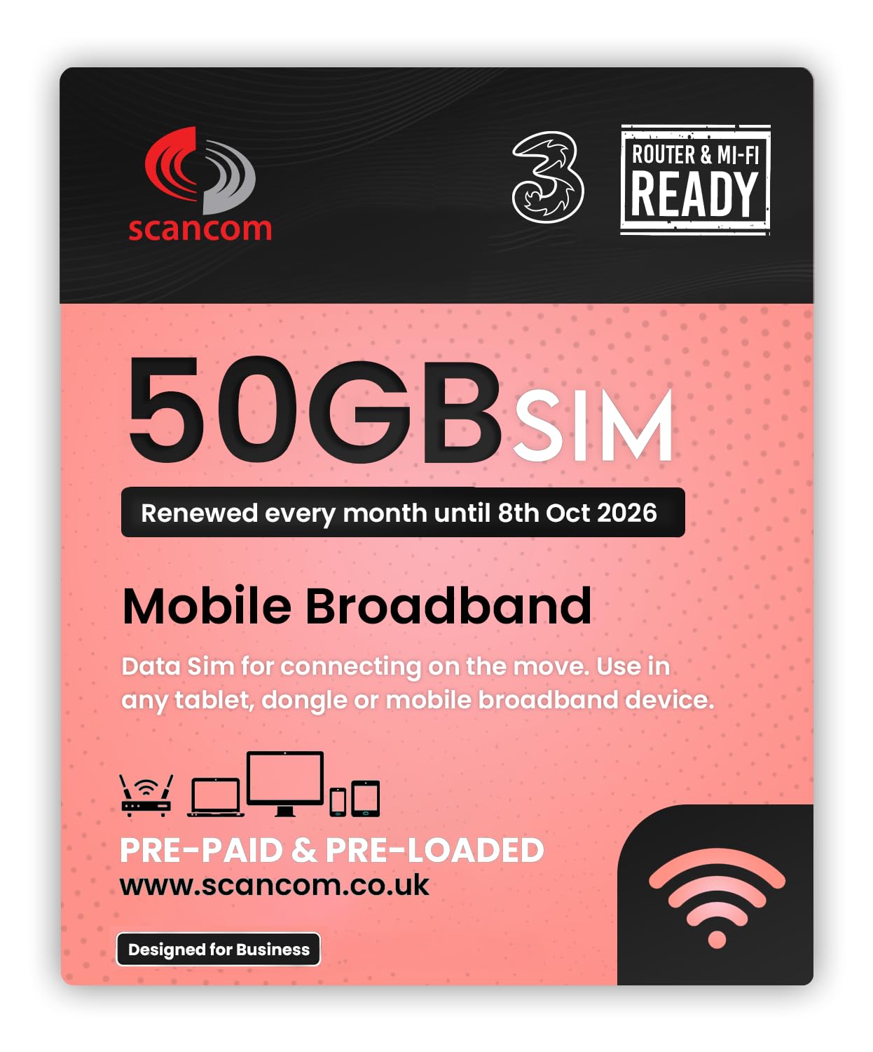 Three 50GB Data SIM - Uncapped 5G - Preloaded MONTHLY Until October 2026 - Plug & Play for Routers & Phones - Access to Three & Vodafone - Connects to