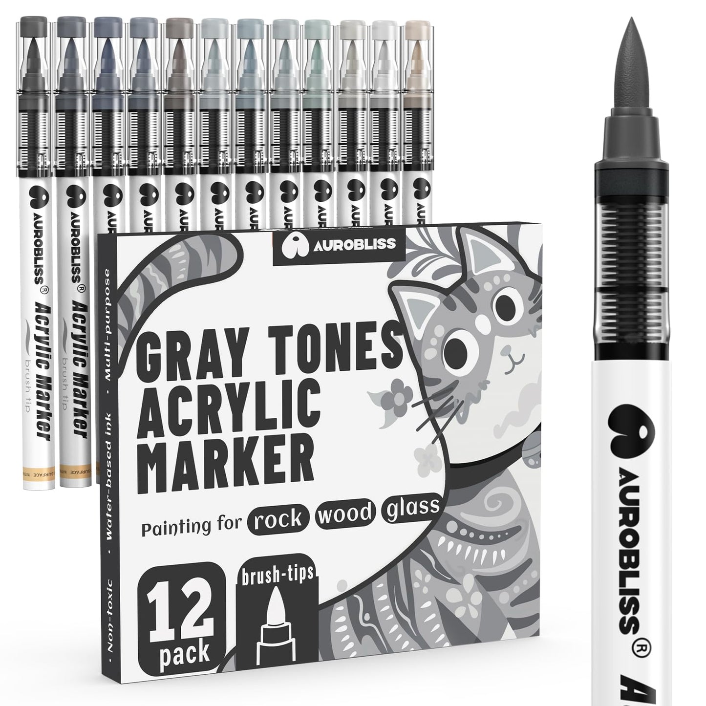 Aurobliss Dark & Light Grey Marker Pen Permanent, 12pcs Gray Tones Acrylic Paint Pens for Rock Painting, Glass, Wood, Metal, Canvas Deco Acrylic Pen