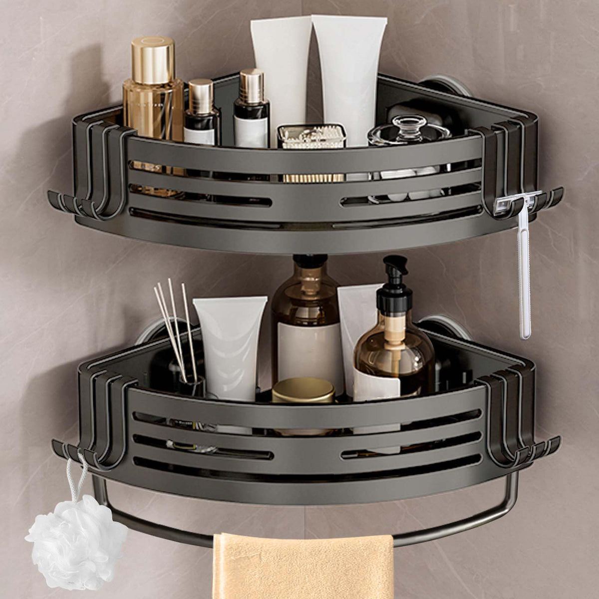 Lekesky Corner Shower Caddy Suction Cup, Bathroom Shelves No Drilling with a Towel Bar, Shower Corner Shelves with Hooks, Bathroom Organiser for
