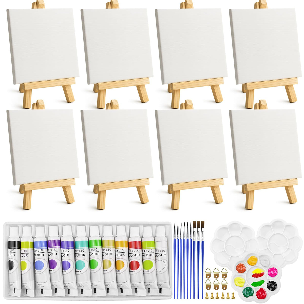 Zouboto Mini Canvas and Easel,46 Pcs Painting Set Includes 4x4 Inches Primed Canvas,Mini Wooden Easel,Acrylic Paint,Paint Brushes and Palette for Kids