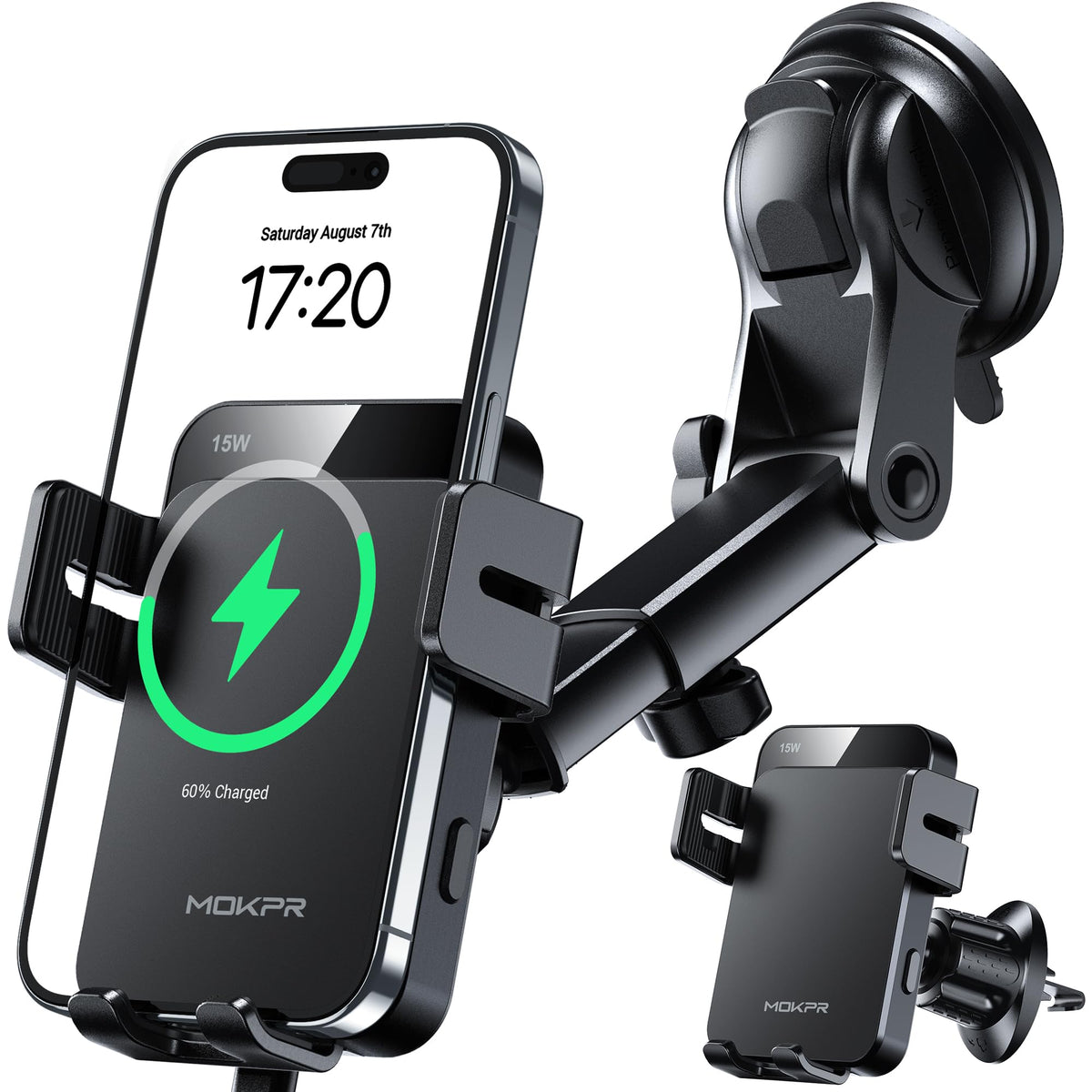 MOKPR Car Phone Holder Wireless Charger, 15W Wireless Car Charger Auto Clamping, Car Phone Holder for Air Vent/Dash/Windshield for iPhone