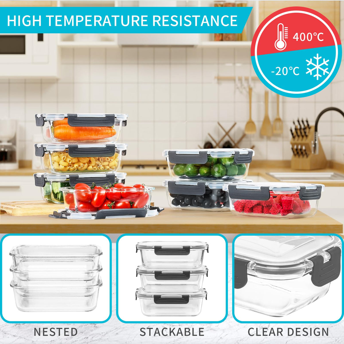 Skroam 10 Pack Glass Meal Prep Containers, Glass Airtight Food Storage Containers with Lids, Pantry Kitchen Storage Containers for Lunch, Food
