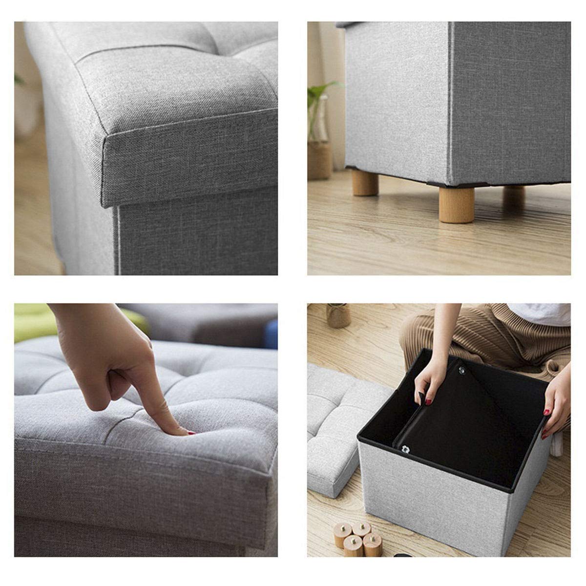 BRIAN & DANY Folding Ottoman Storage Box with Wood Legs, Linen Foot Stool, Footstool with Storage, Highly Elastic Sponge Filling, Light Gray, 38 x 38