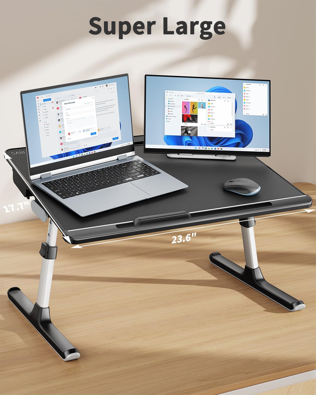 SAIJI Laptop Table, 60 x 50 cm Large Desktop, Multifunctional Bed Table, Height Angle Adjustable, with Book Stand, Drawer, Lap Stopper, Tablet Slot