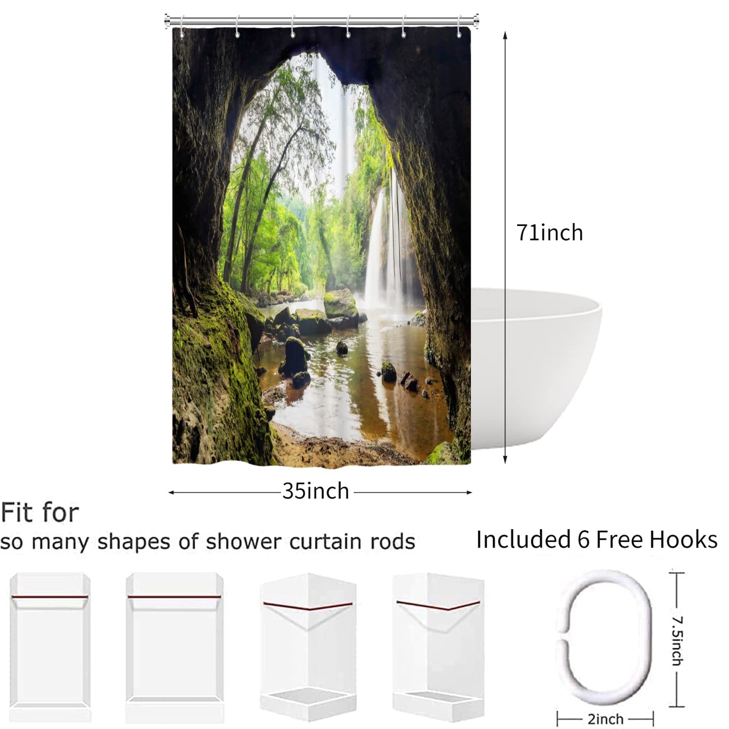 Hnmdmyi Forest Shower Curtain 90x180, Tropical Jungle Rainforest Green Tree Plant Nature Mountain Cave Landscape Waterfall Scenery Bathroom Curtains