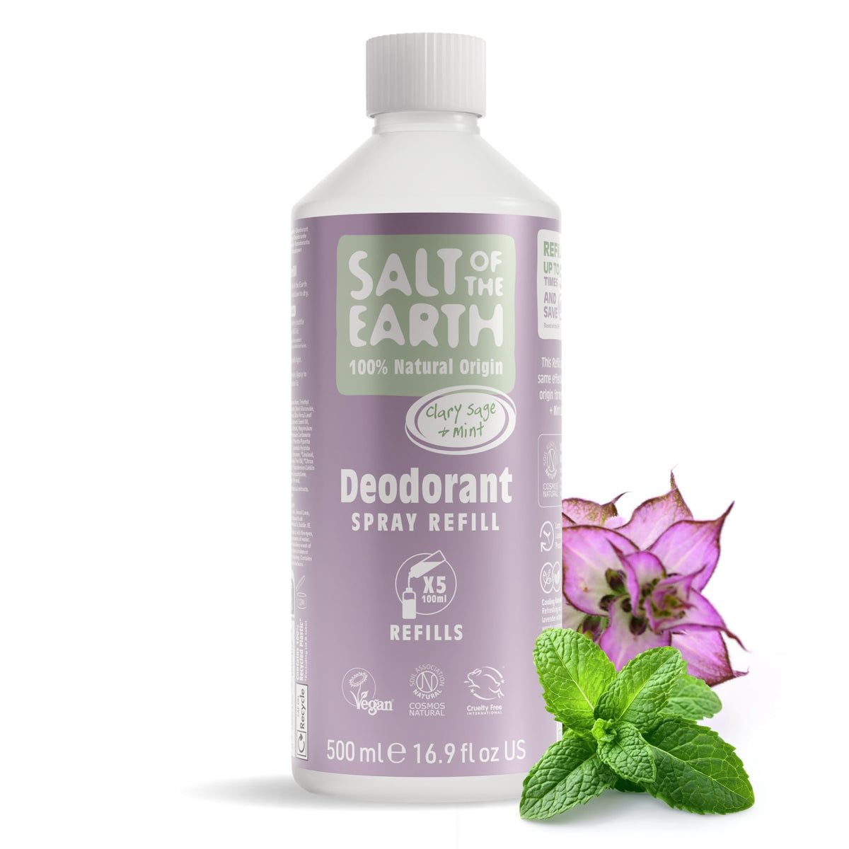 Salt of the Earth - Natural Deodorant Spray Refill - Clary Sage & Mint - 100% Natural Origin Ingredients - Vegan - Suitable for Men, Women & Children