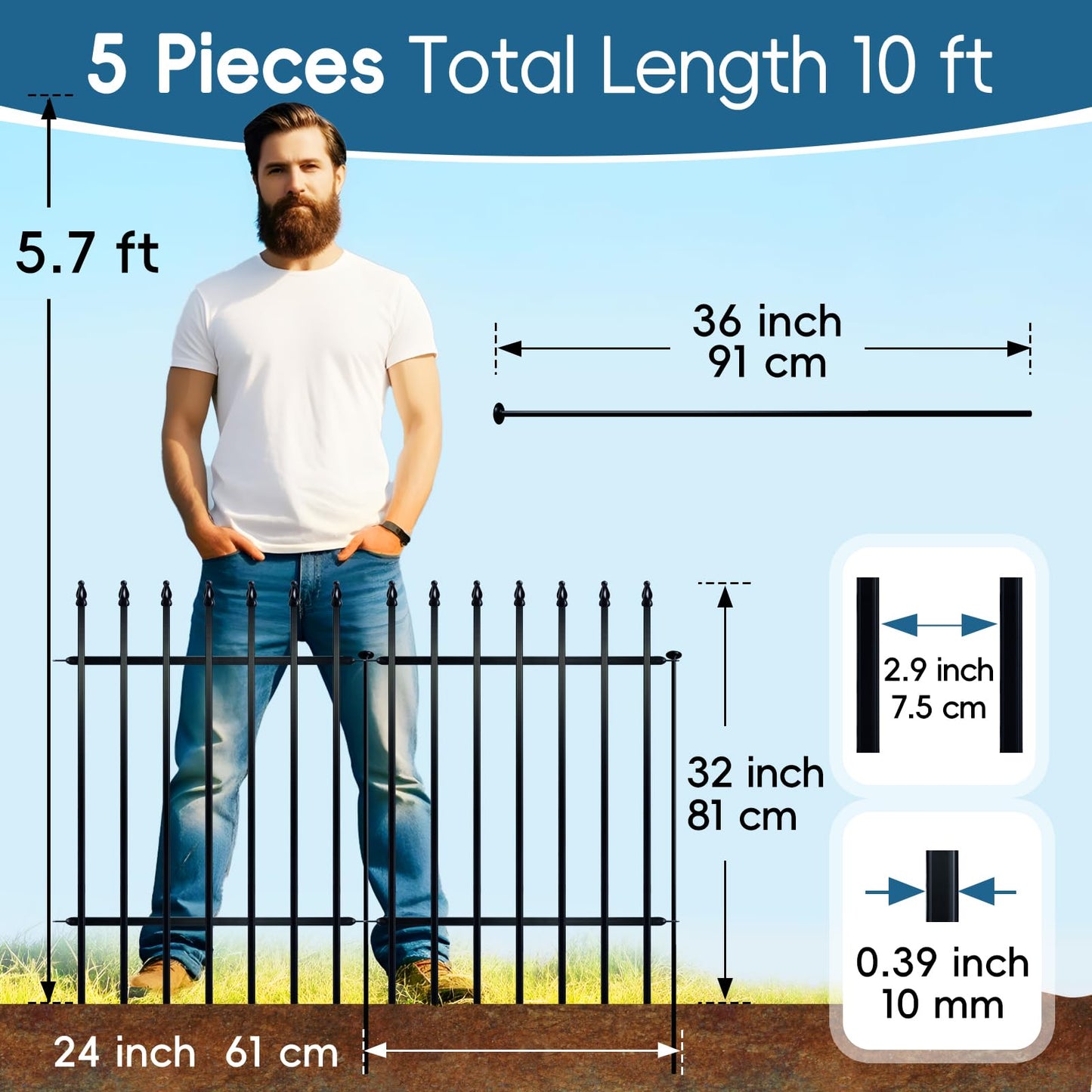 Thealyn Metal Garden Fence Decorative Fence 81cm High x 60cm Wide (5 Panels, Total Length 3m) No Dig Fence Border Fence Dog Fence Landscape Fencing
