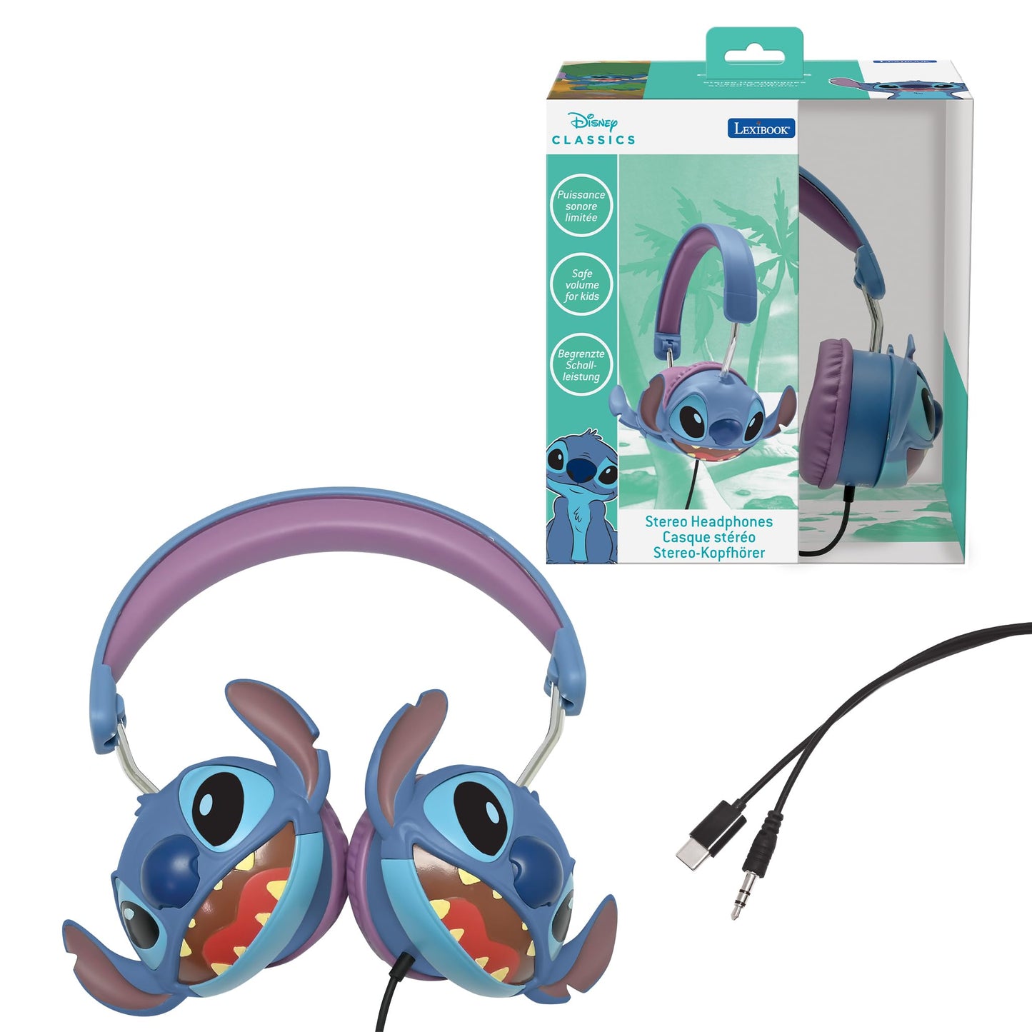 LEXIBOOK, Disney Stitch, Stitch 3D wired stereo headphones, Foldable, Limited sound power, HP015D