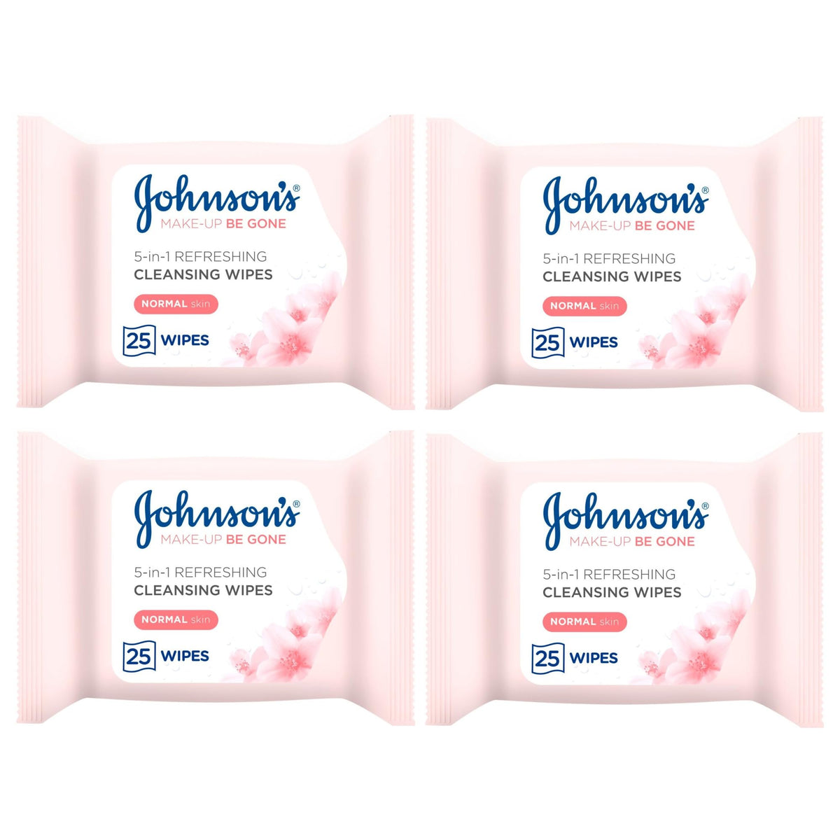 Makeup Remover Facial Wipes 4 PACK | 100 Wipes (25 x 4) Value MULTIPACK | For Waterproof Mascara | Johnsons Be Gone | Refreshing for Normal Skin