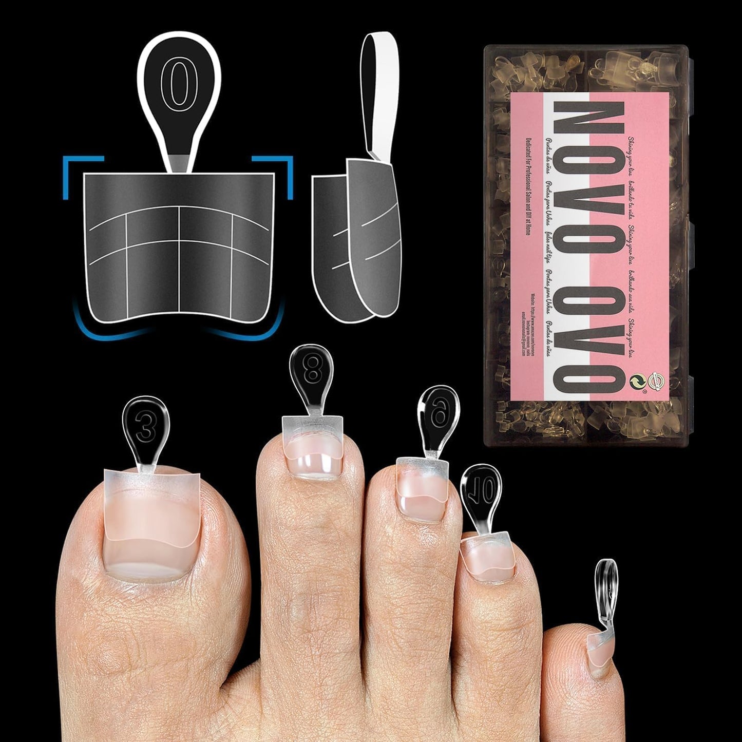 NOVO OVO Upgraded Flexible Half Cover Soft Gel Fake Toe Nail Tips with Auxiliary Line for Toenail Extension, Sharp Square Medium Wide for Men Women