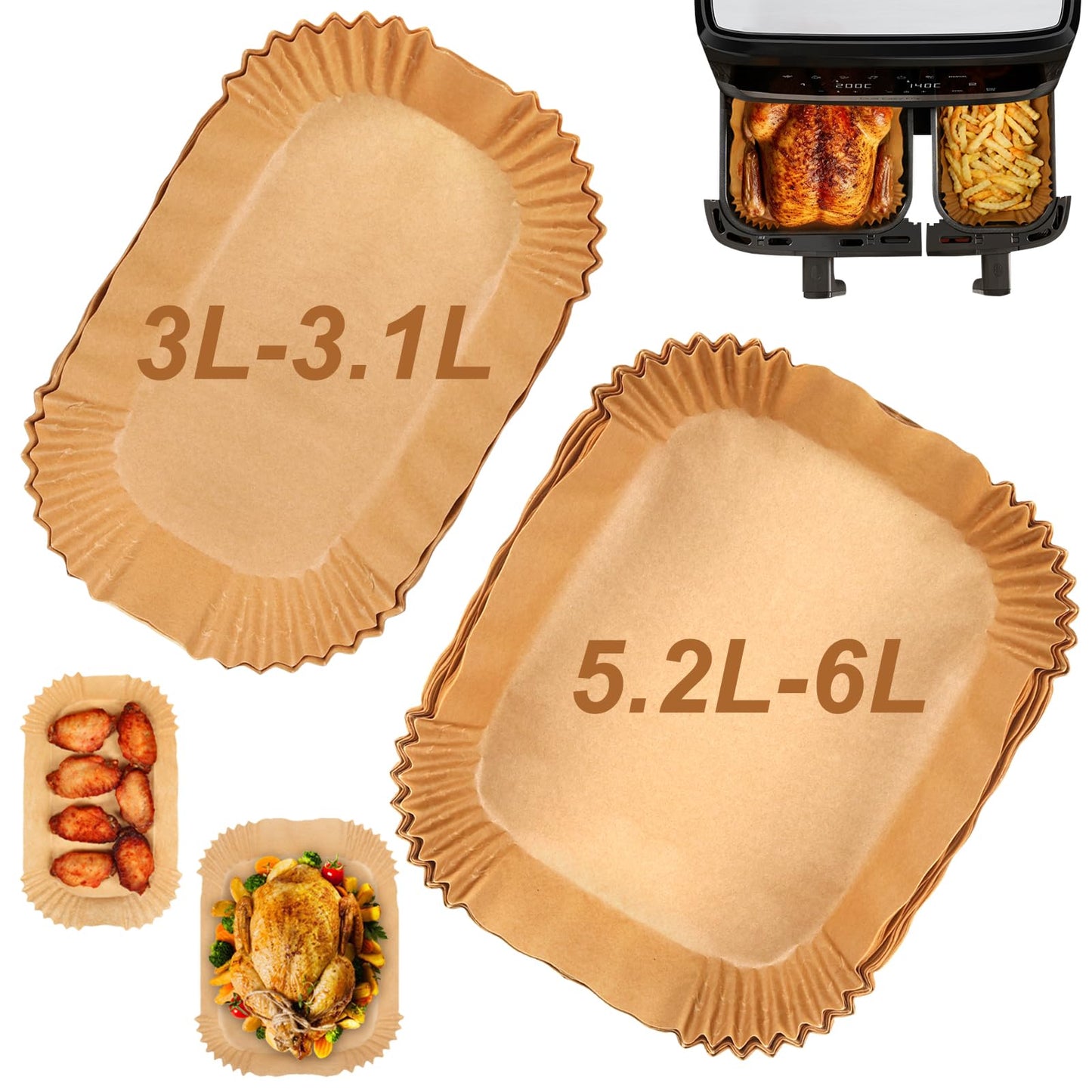 YQL Air Fryer Liners for Tefal Easy Fry 5.2L/3.1L, Philips Dual Basket Air Fryer, Tower T17099 5.2L/3.3L, Salter 5.5L/3.5L,Disposable Air Fryer