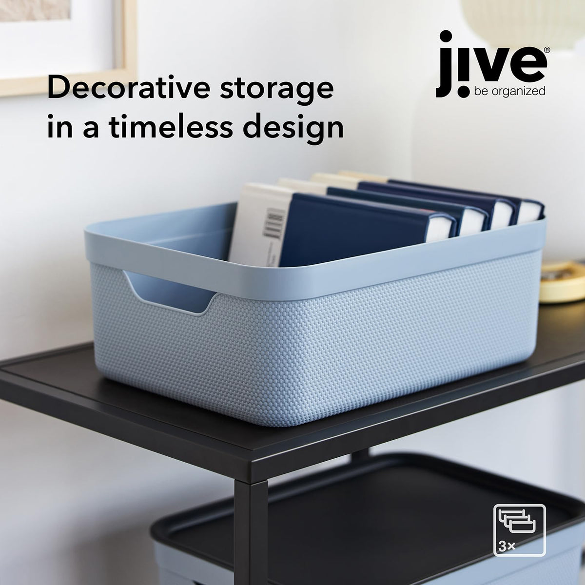 Rotho Jive Dekobox Set of 3 storage box 10l with lid, Plastic (PP recycled), 10l (37.5 x 27.8 x 13.5 cm), Blue
