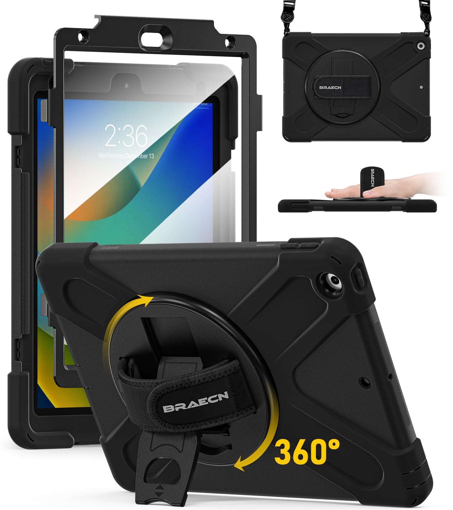 BRAECN for iPad 9th/8th/7th Generation Case 10.2 inch, Heavy Duty Rugged Protective Cover with Built Screen Protector/Hand Strap/Kickstand/Shoulder