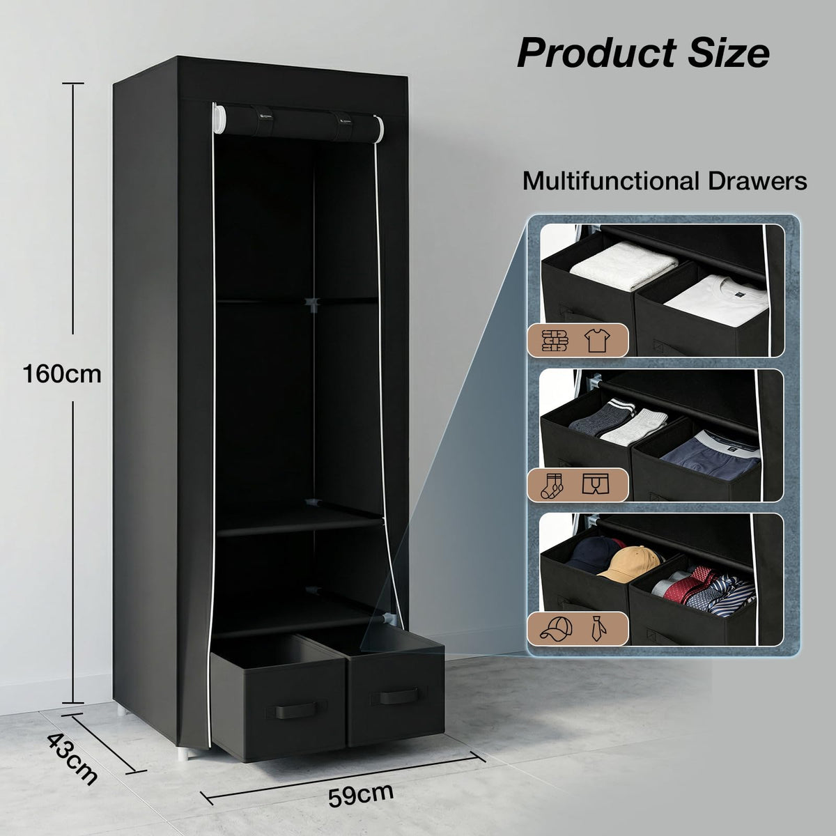 Single Canvas Wardrobe with 2 Drawers and Hanging Rail 160 x 59 x 43CM