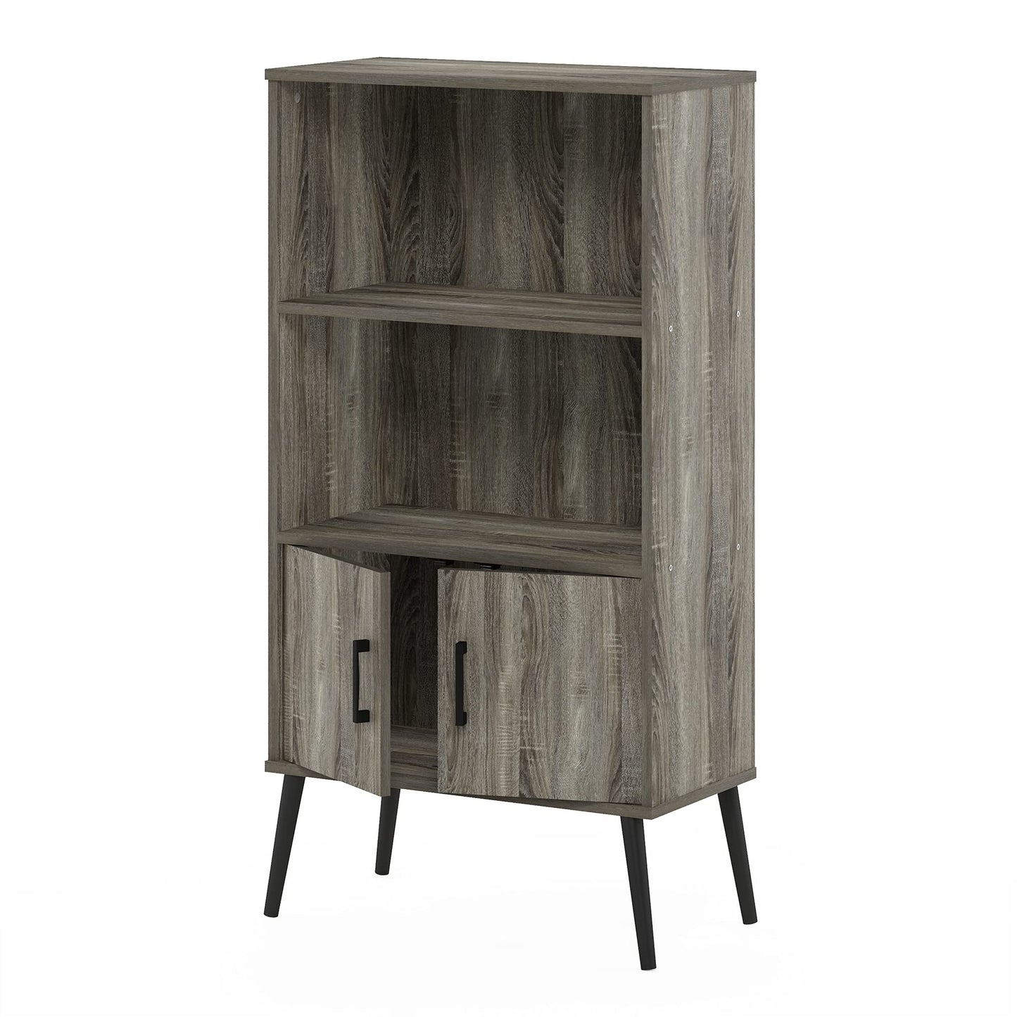 Furinno MIDCENTURY Storage Shelves, Storage Cabinet with Doors and Shelves, Bookshelf with Legs, for Living Room, Home Office, Grey Oak
