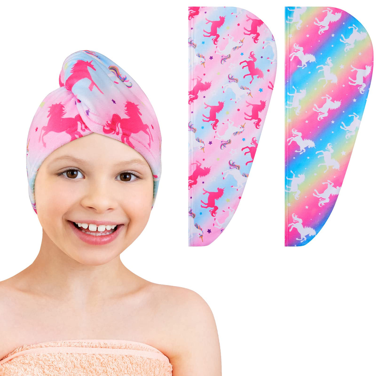 WAWSAM 2 Pack Kids Microfiber Hair Towel Wrap Girls Hair Turban Towels Fast Drying Hair Turbans Anti Frizz Wrap with Elastic Strap