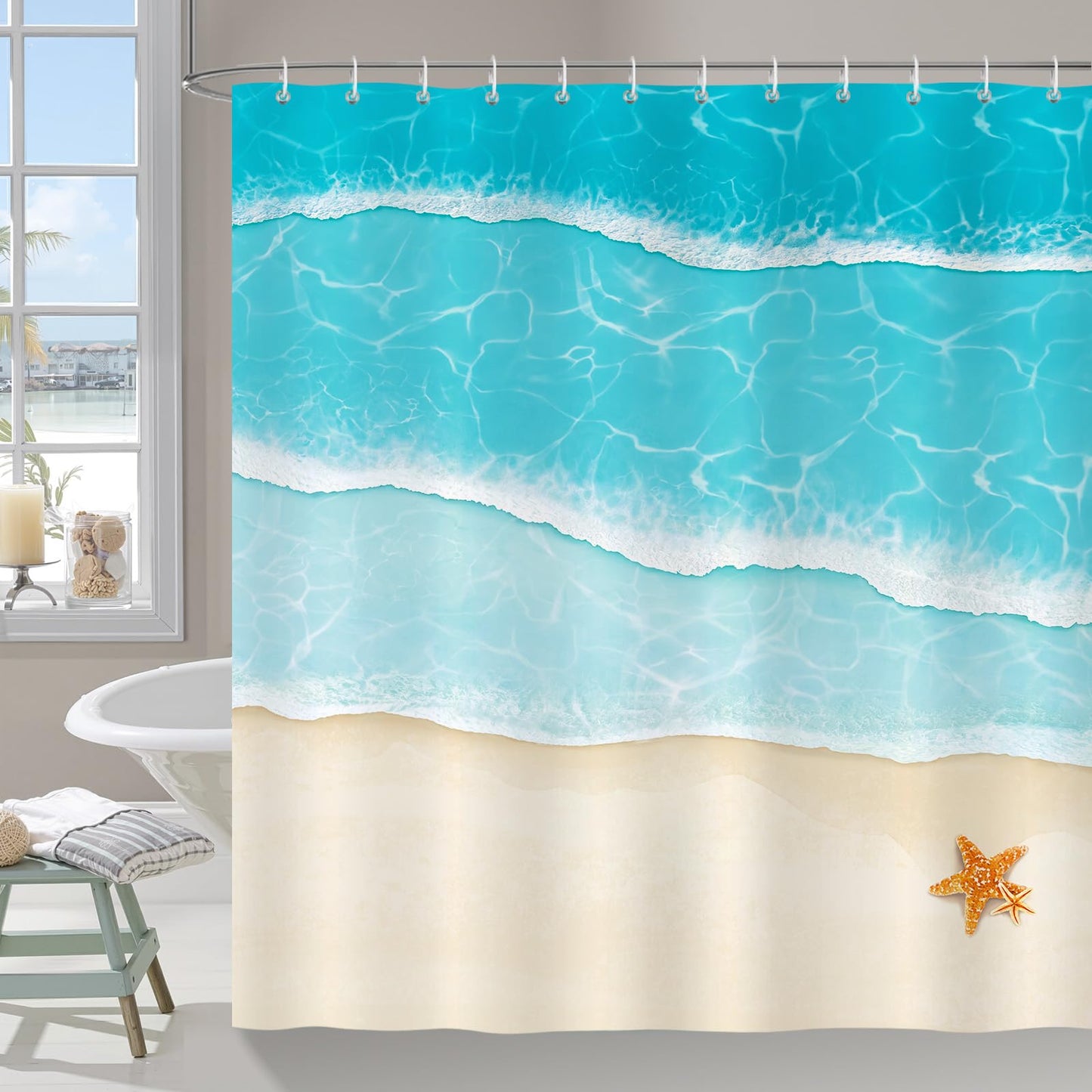 COZZSNUGE Ocean Beach Shower Curtain, Summer Coastal Starfish Bathroom Curtain 183 x 183 cm, Water Repellent Mildew Resistant Polyester with 12 Hooks