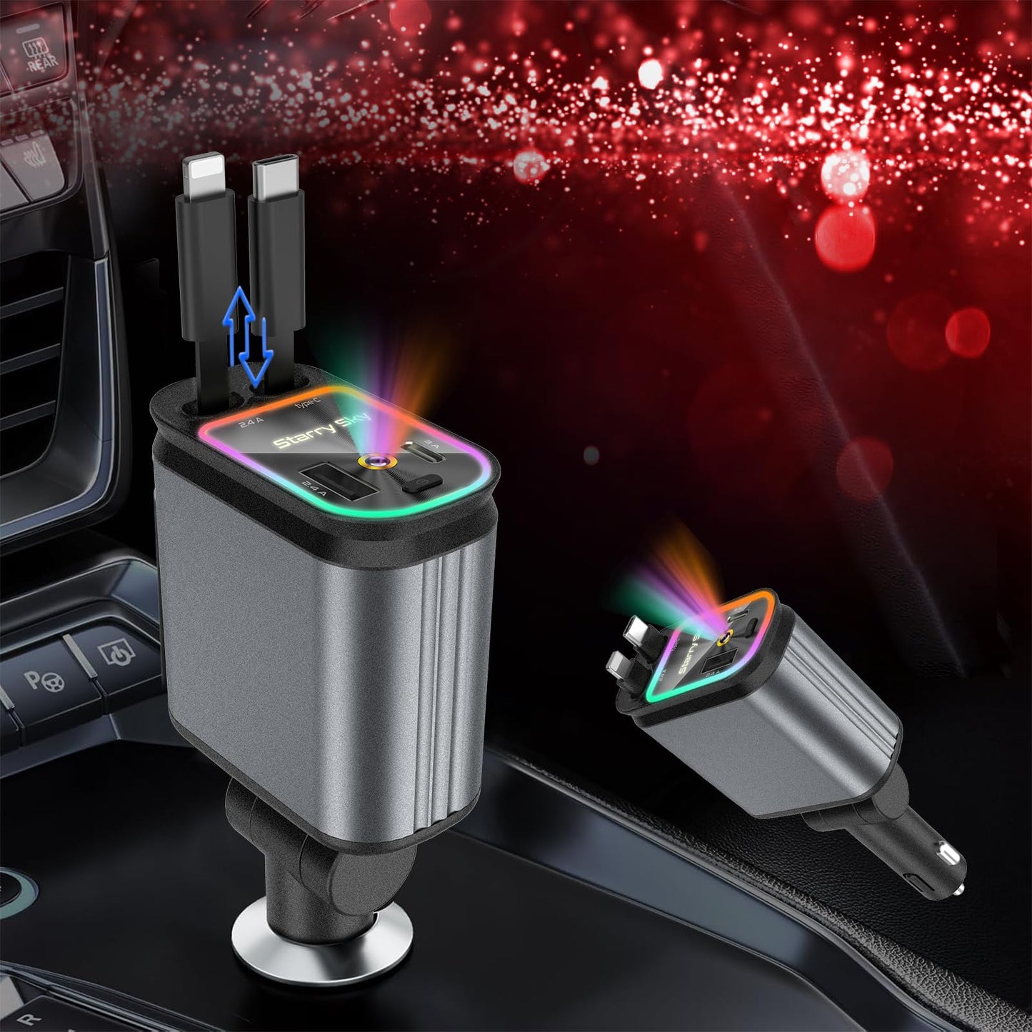 4 in 1 Car Charger Retractable 66W Fast USB C Car with Starry Sky Light 180? Adjustable Car Charger Compatible for iPhone 15/14/13/12 Galaxy S24/S23