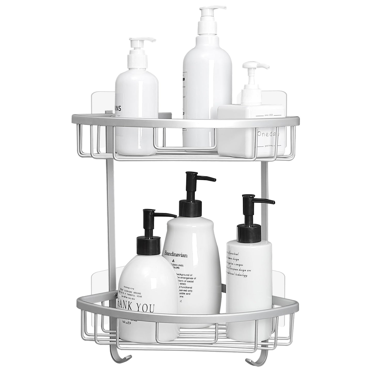 GRICOL Corner Shower Shelf No Drilling Aluminium Bathroom Storage Self Adhesive Rust Proof Shower Storage with 2 Hooks for Bathroom 2 Levels Silver