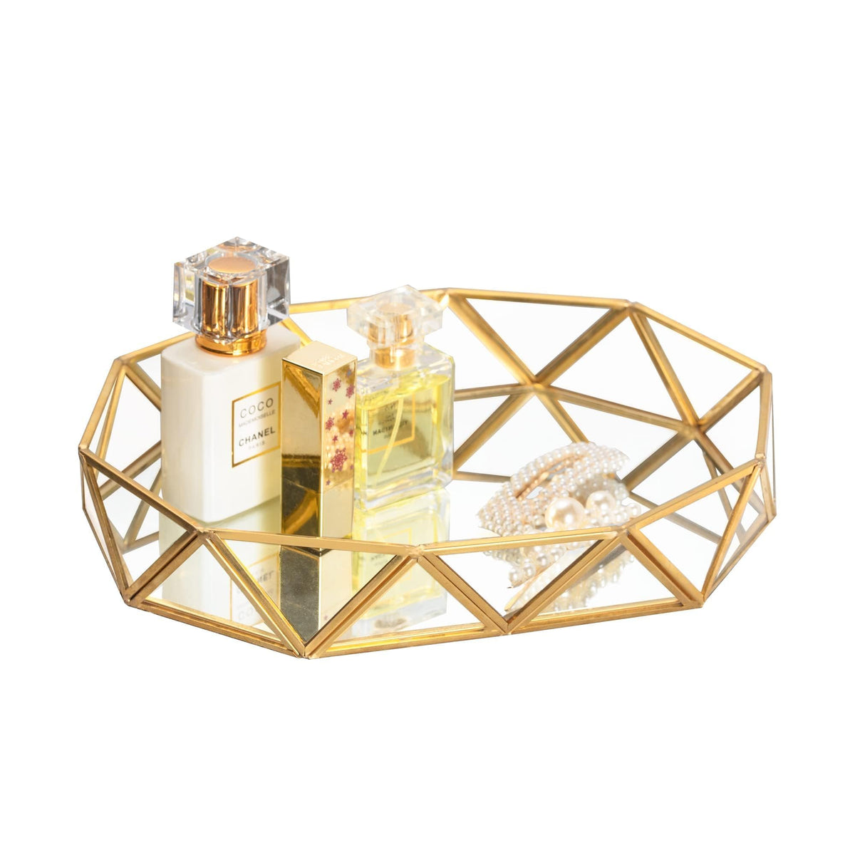Feyarl Glass Mirrored Tray Gold Perfume Tray Ornate Cosmetic Makeup Vanity Trays Jewelry Display Organizer Decorative Trays for Home Decor Dresser