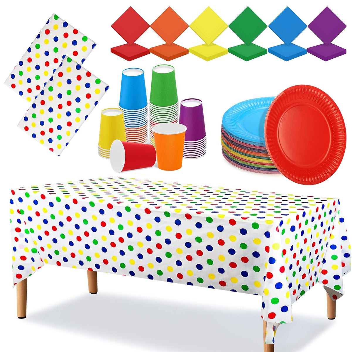 180 Pack Pieces Rainbow Party Tableware -Tablecloth, Colorful Paper Plates and Napkins 250ml Paper Cups Complete Pack Dinnerware Set for Neon Rainbow