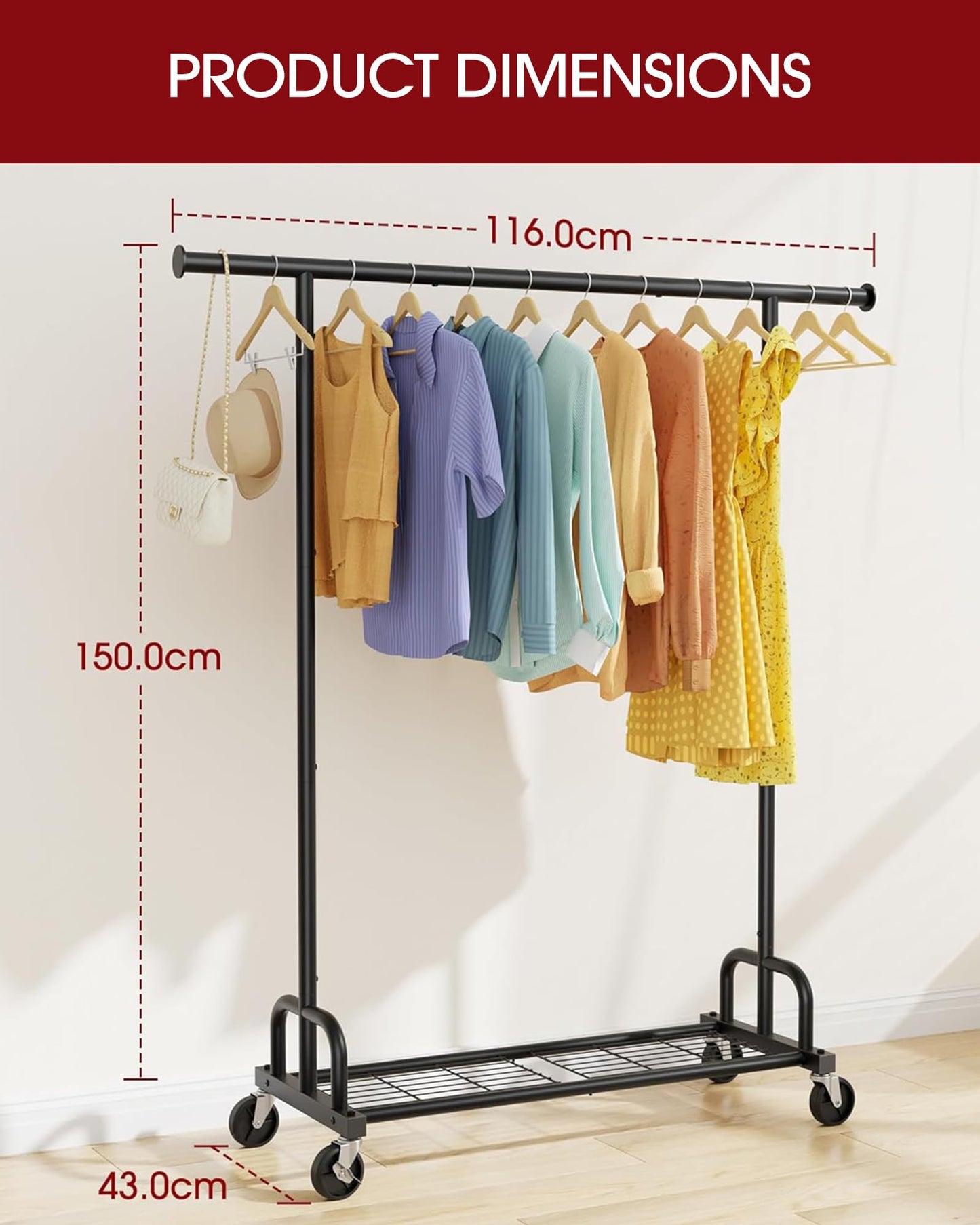 Sakugi Heavy-Duty Clothing Rack Wide Rod & Mesh Shelf, 116x43x150cm, Black