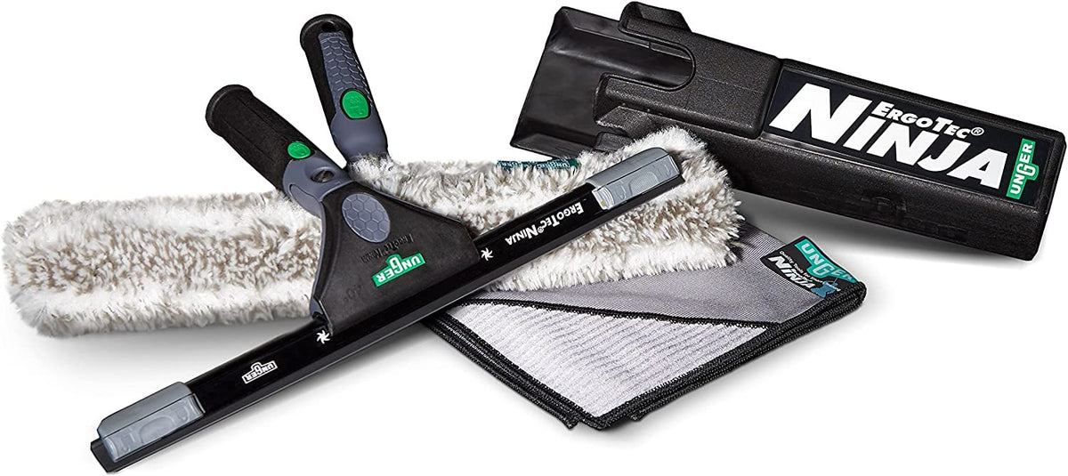 ErgoTec NINJA 6-in-1 Advanced Window Cleaning Kit, Complete Professional Window Cleaning Set - Window Squeegee, Washer, Bucket Microfibre Cloth, Glass