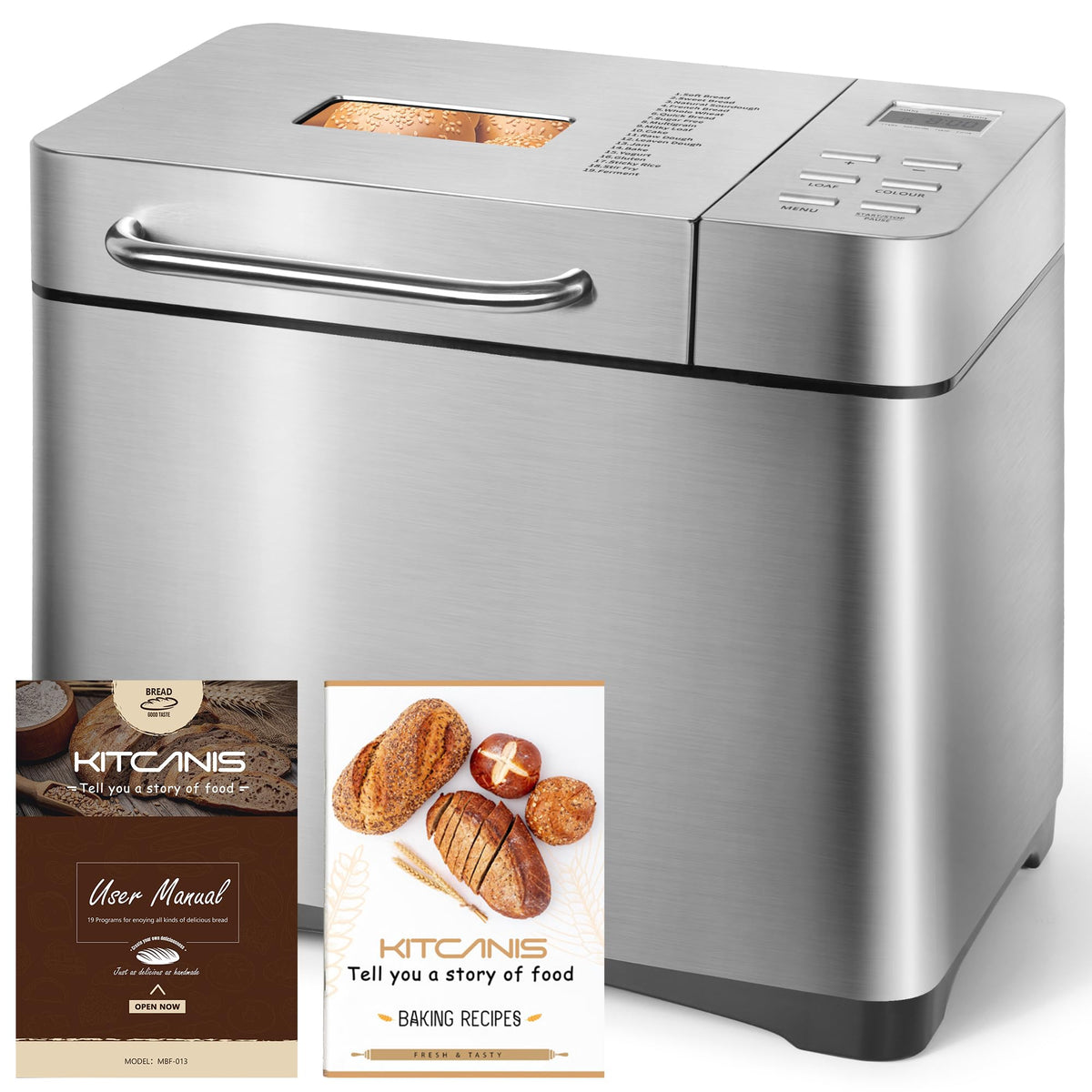 Bread Maker Machines 19 in 1, Stainless Steel Breadmaker with Nut Automatic Dispenser, 2.2LB Large Bread Machine, Nonstick Pan, LCD Touch Panel,