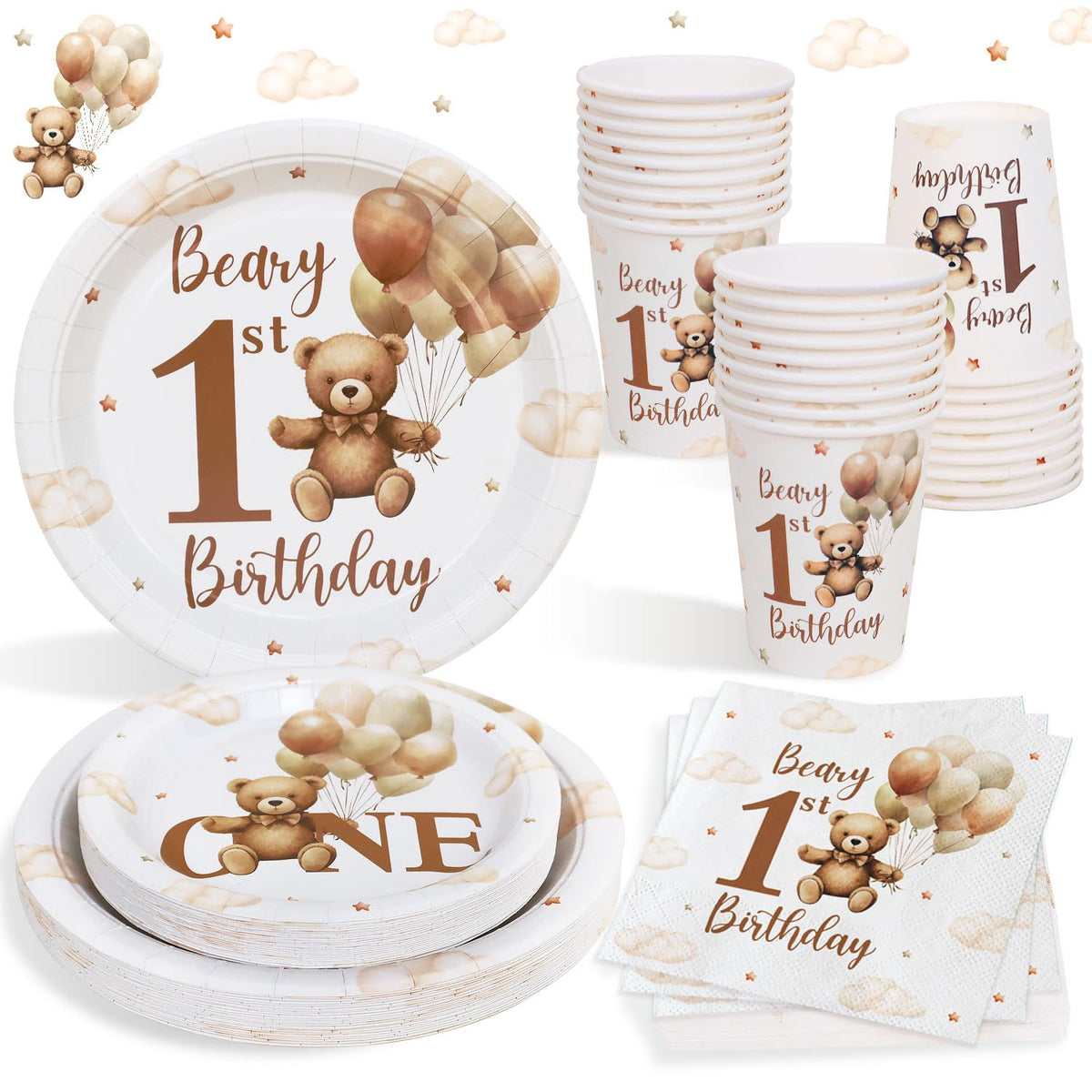 Heboland Beary First Birthday Decorations Boy Bear 1st Plates for 25 Guests, 1st Birthday Decorations for Boys 100Pcs Teddy Bear Beige Balloon Party