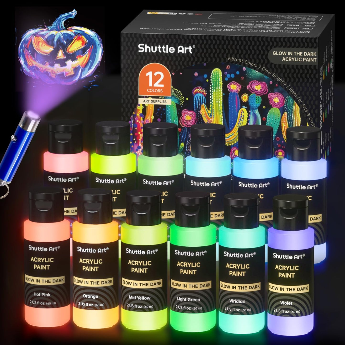 Shuttle Art Glow in the Dark Paints, 12 Colours with UV Light Acrylic Paint Set, 2-in-1 Glow Paints (2oz/60ml) for Wood, Fabric, Crafts, Canvas,