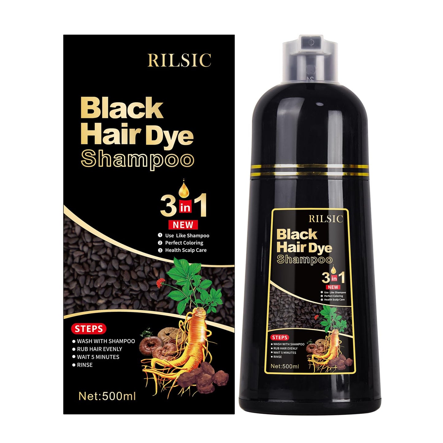 500ML Black Hair Dye Shampoo for Grey Hair Beard Coverage, 3 in 1 Instant Colour Shampoo for Men&Women