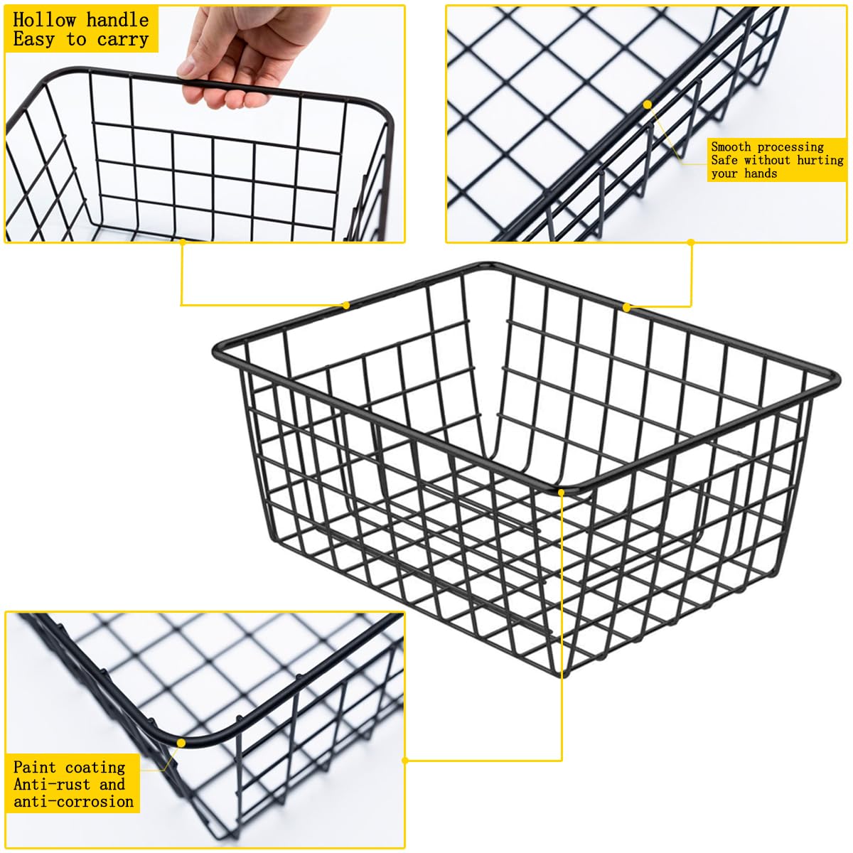 LOSYHU 4 Pack Black Wire Storage Baskets, Wire Organiser Baskets with Handles, Metal Chest Freezer Baskets Wire Organizer Bins for Fridge Shelf